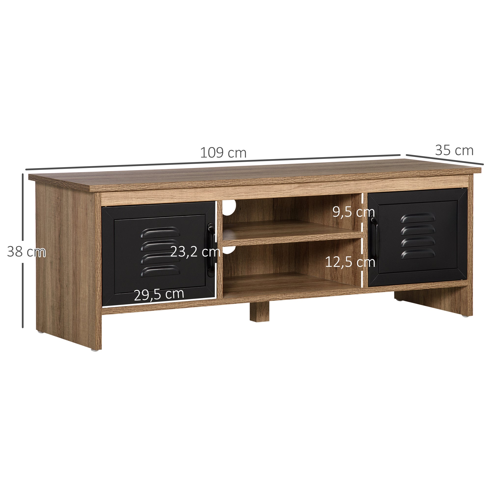 43" Industrial Design TV Stand with 2 Cupboards, 2 Niches, 2 Cable Holes, Wood Grain Finish and Black Metal Doors