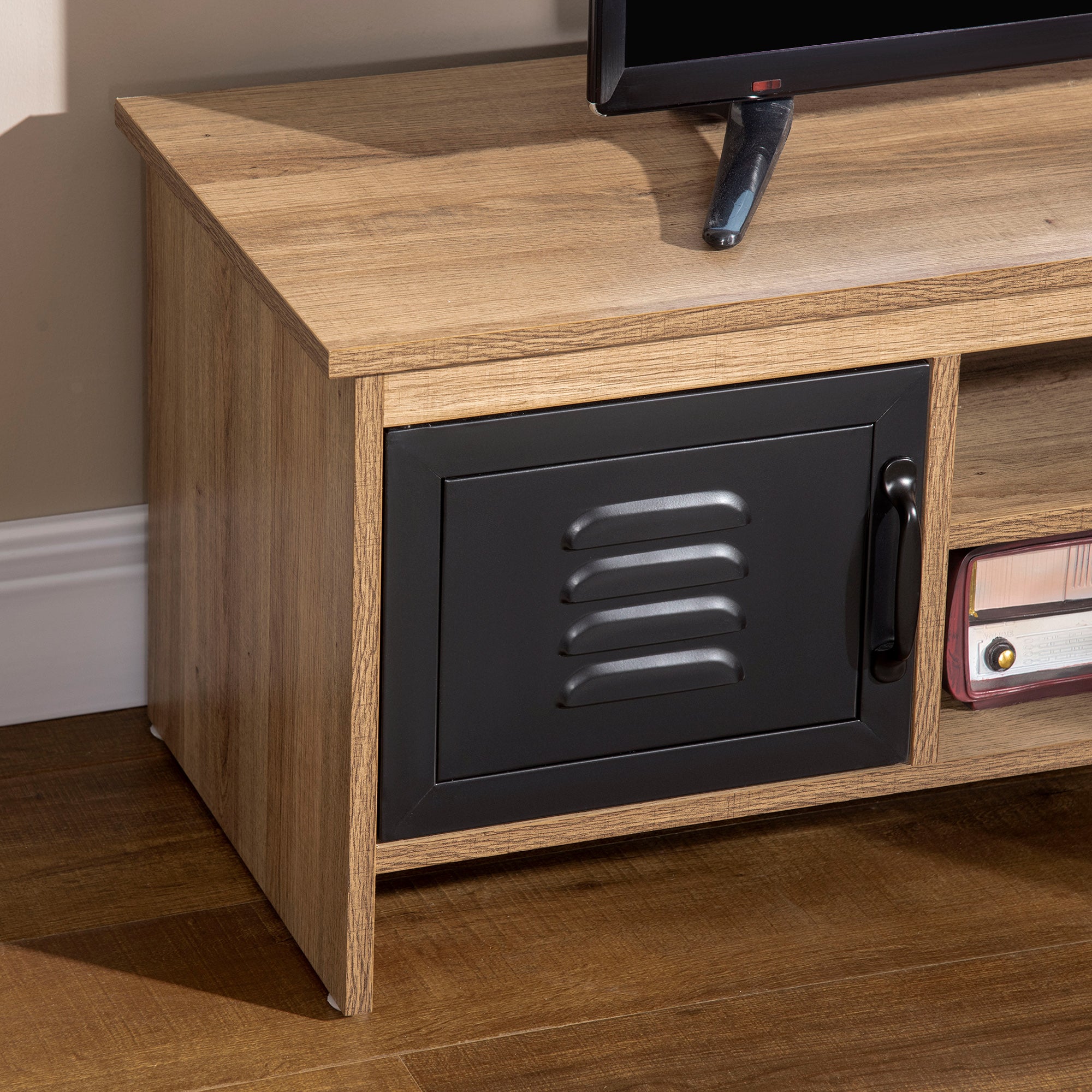 43" Industrial Design TV Stand with 2 Cupboards, 2 Niches, 2 Cable Holes, Wood Grain Finish and Black Metal Doors