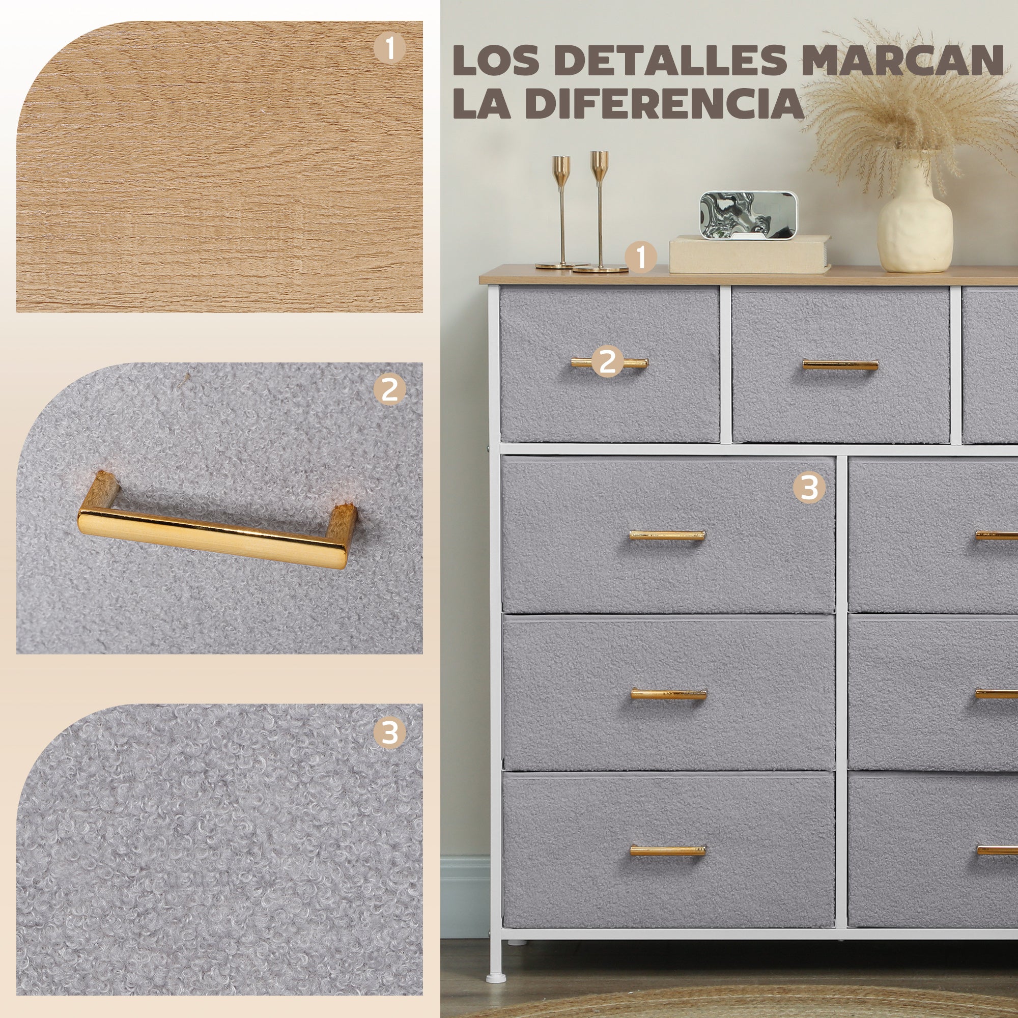 Chest of 9 Drawers Upholstered in Faux Sherpa Fabric Drawer Chest with Steel Structure Chest for Bedroom Hallway Gray