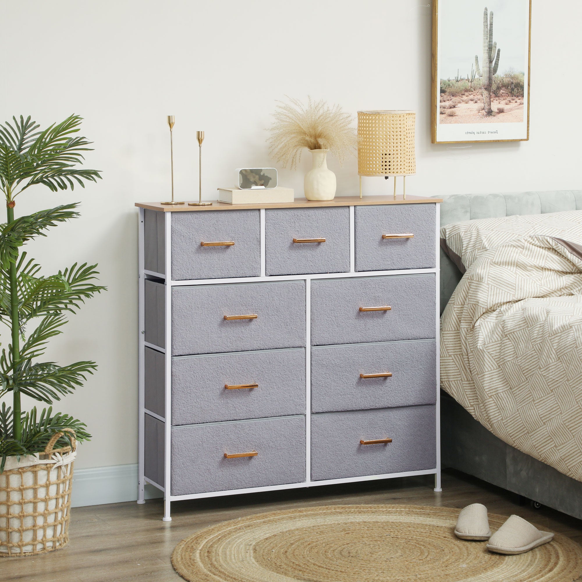 Chest of 9 Drawers Upholstered in Faux Sherpa Fabric Drawer Chest with Steel Structure Chest for Bedroom Hallway Gray