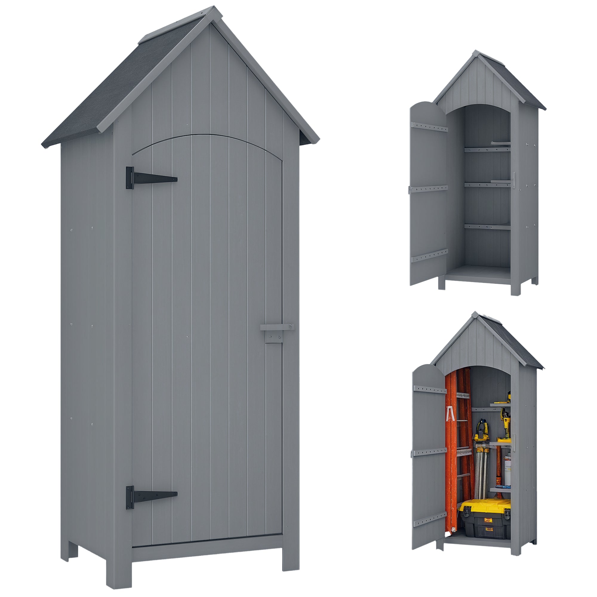 Wooden Garden Shed Outdoor Garden Cabin Garden Cabinet with Bituminous Roof 3 Shelves Door with Latch Outdoor Storage and Organization for Terrace 77.5 x 54.2 x 179.5 cm Gray