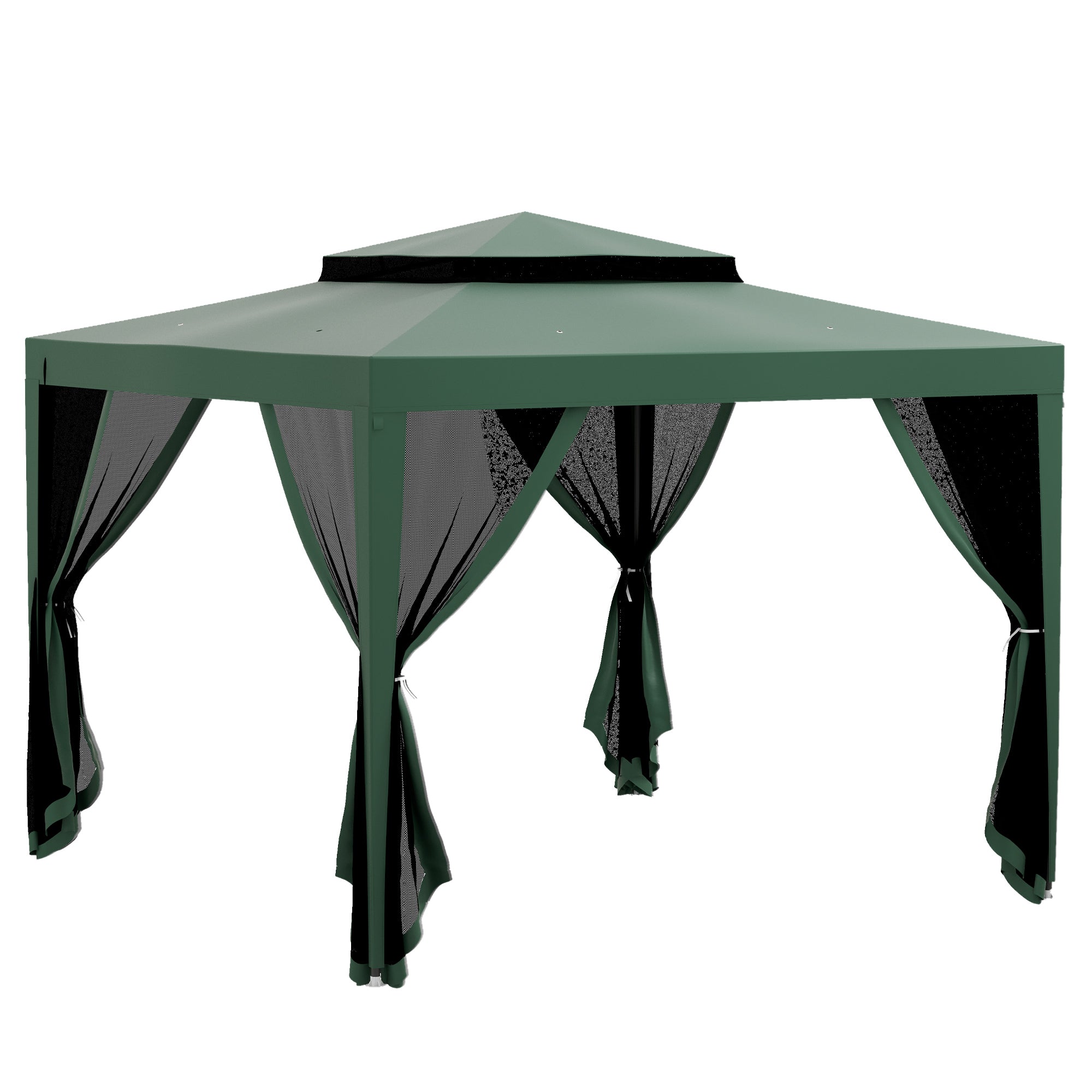 Garden Gazebo 3x3m Outdoor Canopy with 4 Removable Mosquito Net Curtains Double Roof Metal Frame Anti-UV Waterproof Pavilion for Patio Green