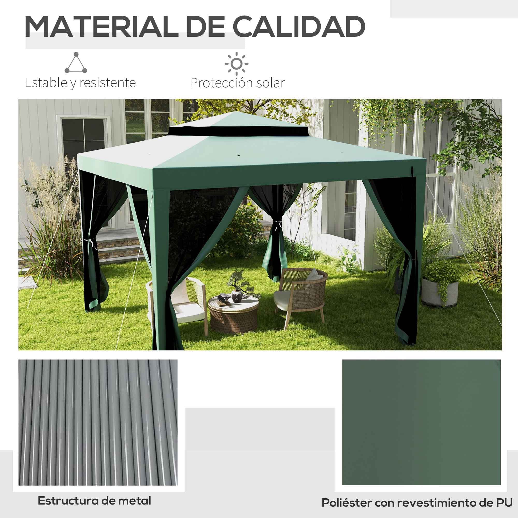 Garden Gazebo 3x3m Outdoor Canopy with 4 Removable Mosquito Net Curtains Double Roof Metal Frame Anti-UV Waterproof Pavilion for Patio Green