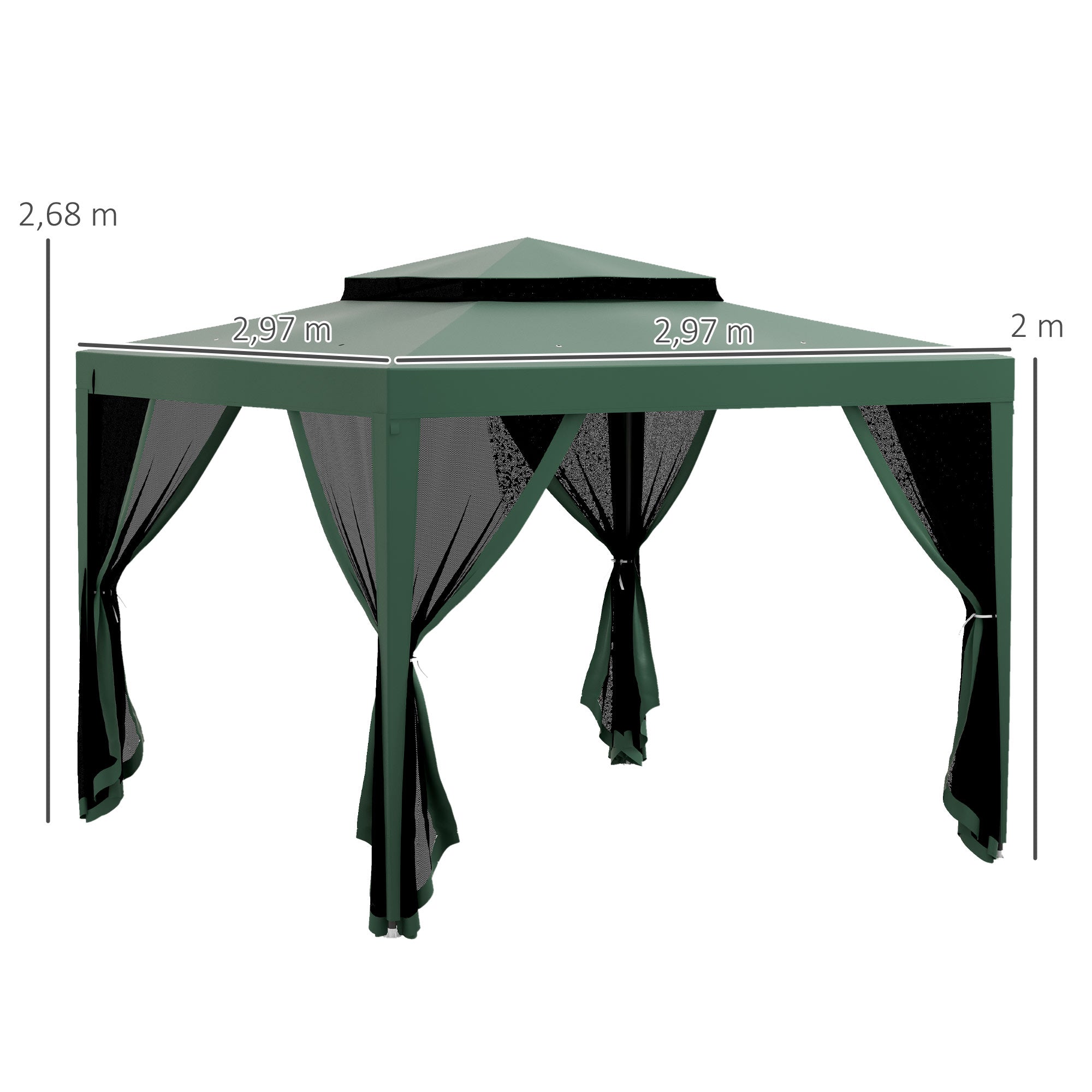 Garden Gazebo 3x3m Outdoor Canopy with 4 Removable Mosquito Net Curtains Double Roof Metal Frame Anti-UV Waterproof Pavilion for Patio Green