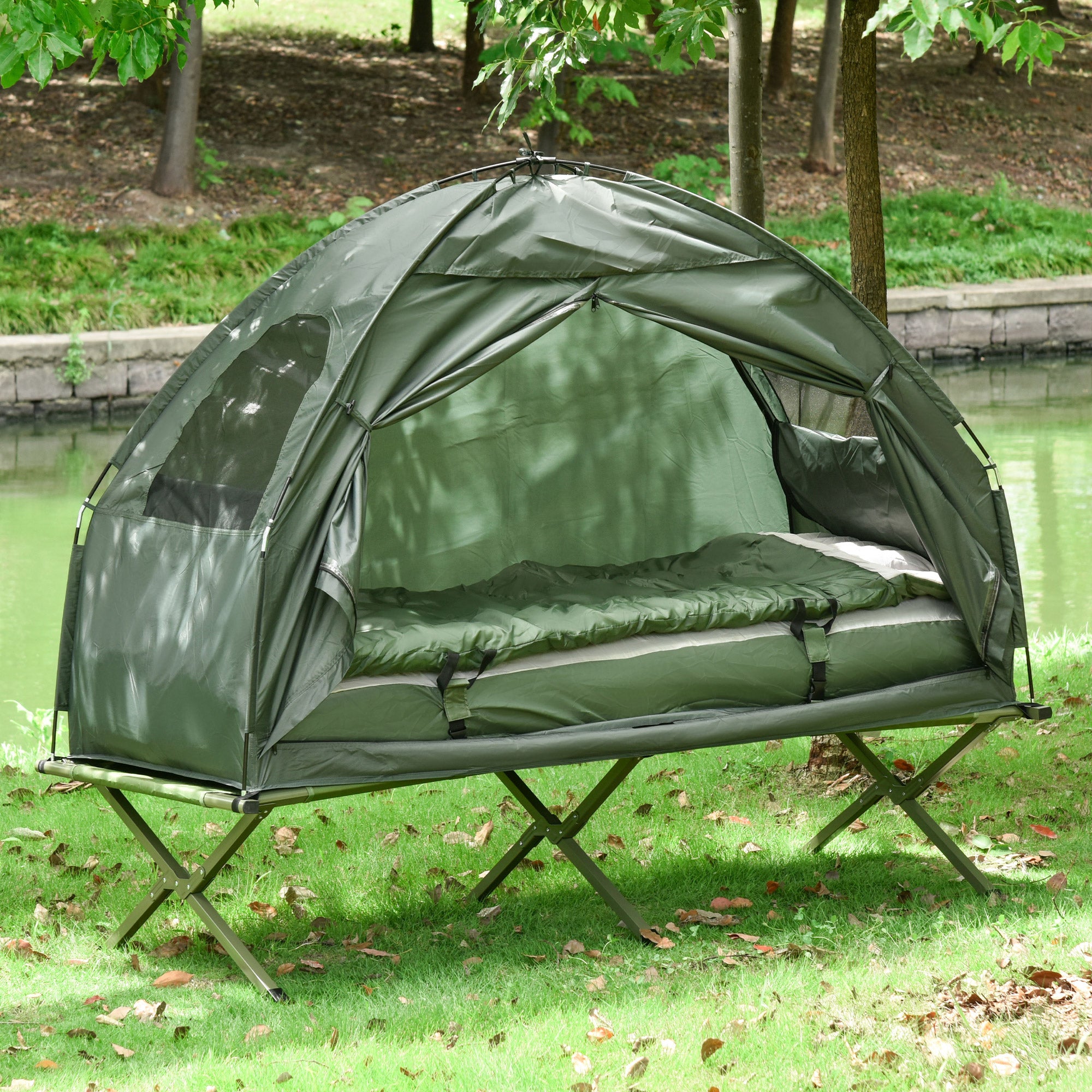 SoBuy Cot with Tent Pop-Up Tent with Air Pump, Mattress, Carrying Bag, Sleeping Bag, Waterproof Camping Cot Extra Wide Outdoor Camping Cot Dark Green 193x86x160 cm up to 114 kg