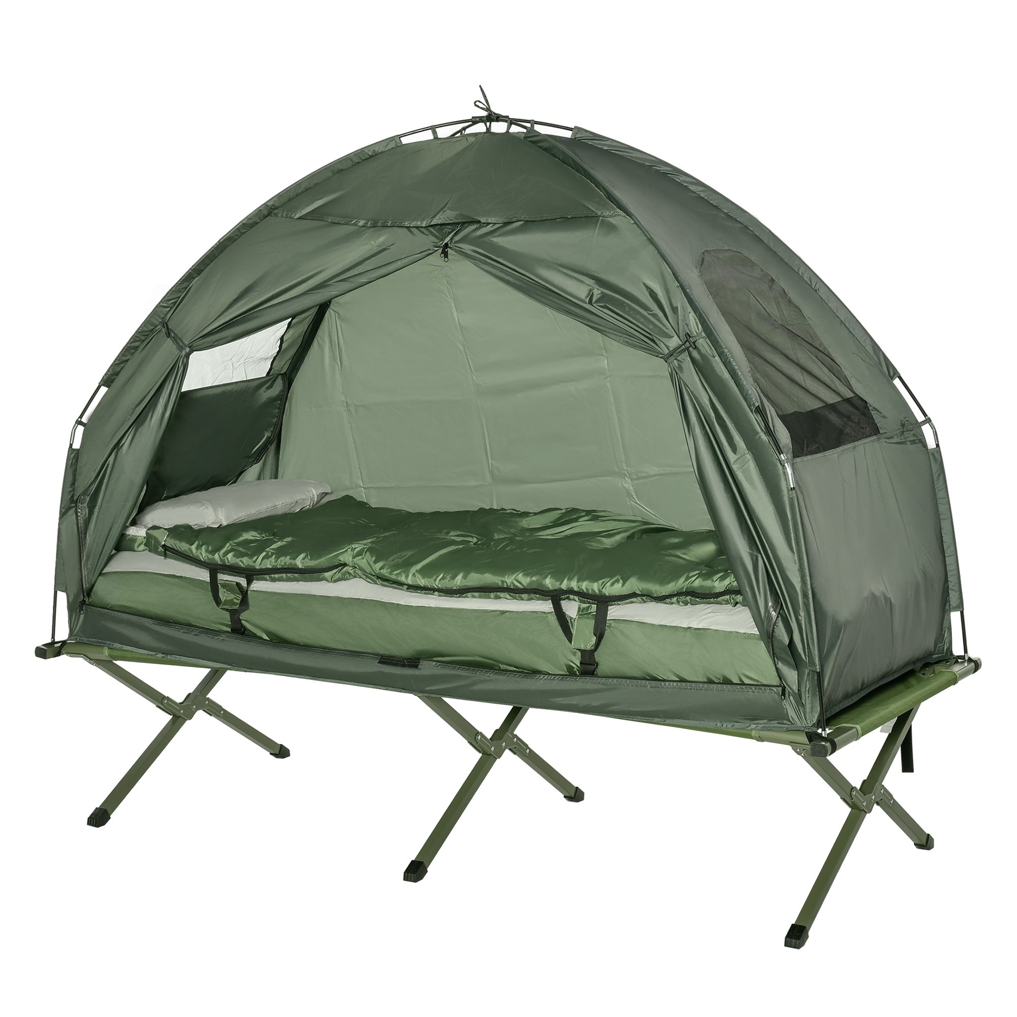 SoBuy Cot with Tent Pop-Up Tent with Air Pump, Mattress, Carrying Bag, Sleeping Bag, Waterproof Camping Cot Extra Wide Outdoor Camping Cot Dark Green 193x86x160 cm up to 114 kg