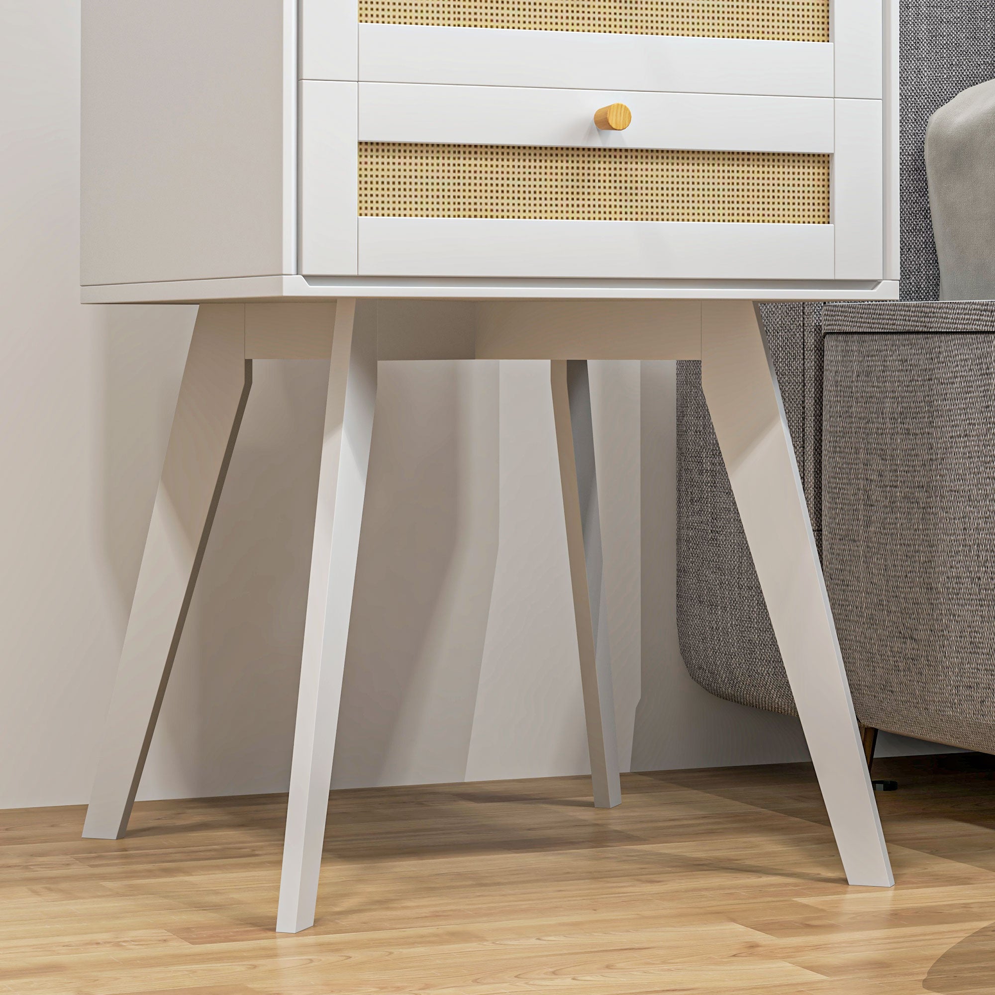White Bedside Table Nightstand Caning Style with 2 Drawers and Rattan Element Small Side Table for Bedroom Living Room 40x40x60 cm