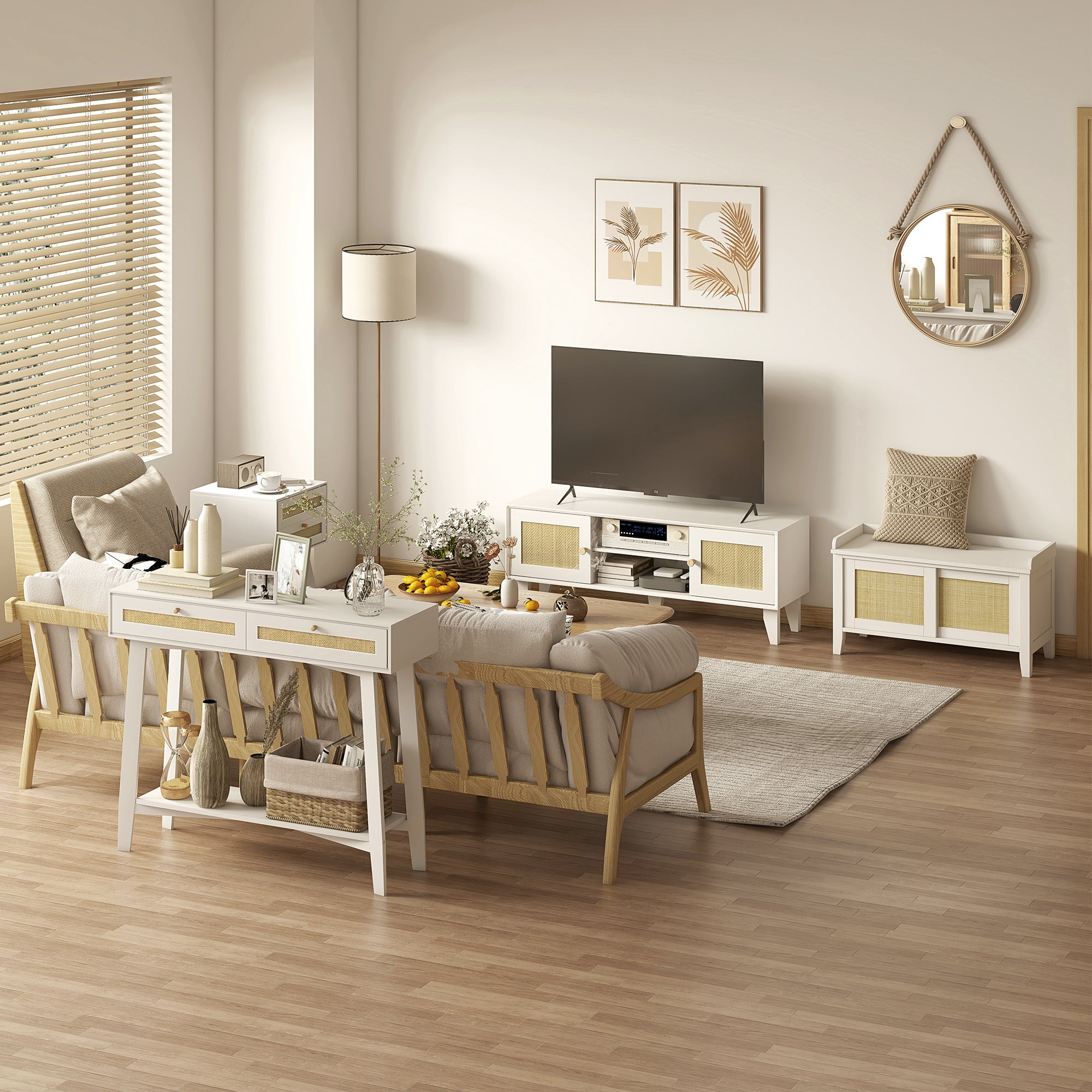 White Bedside Table Nightstand Caning Style with 2 Drawers and Rattan Element Small Side Table for Bedroom Living Room 40x40x60 cm