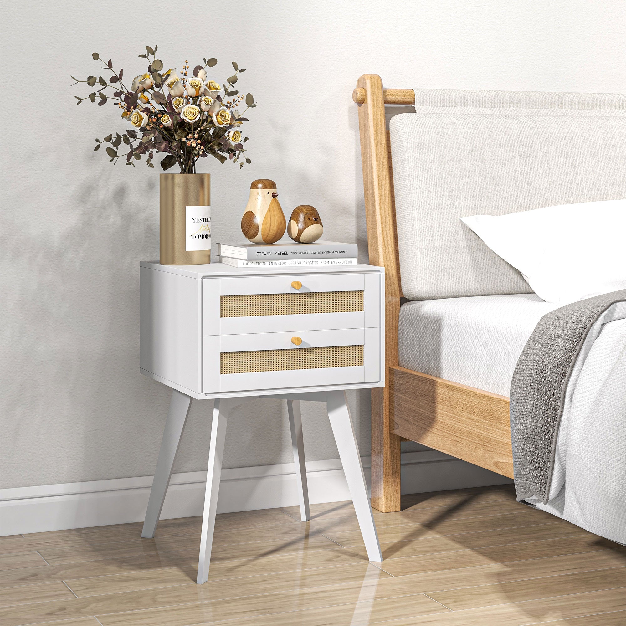 White Bedside Table Nightstand Caning Style with 2 Drawers and Rattan Element Small Side Table for Bedroom Living Room 40x40x60 cm