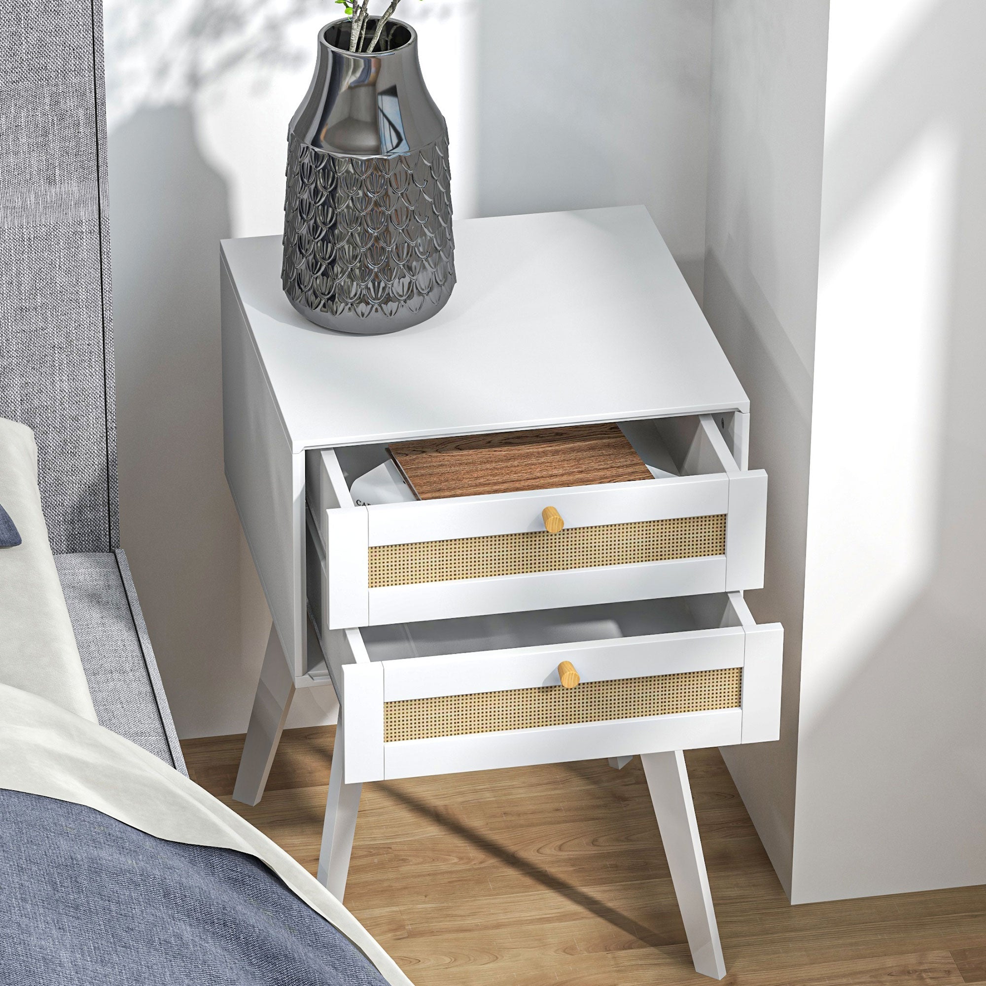 White Bedside Table Nightstand Caning Style with 2 Drawers and Rattan Element Small Side Table for Bedroom Living Room 40x40x60 cm