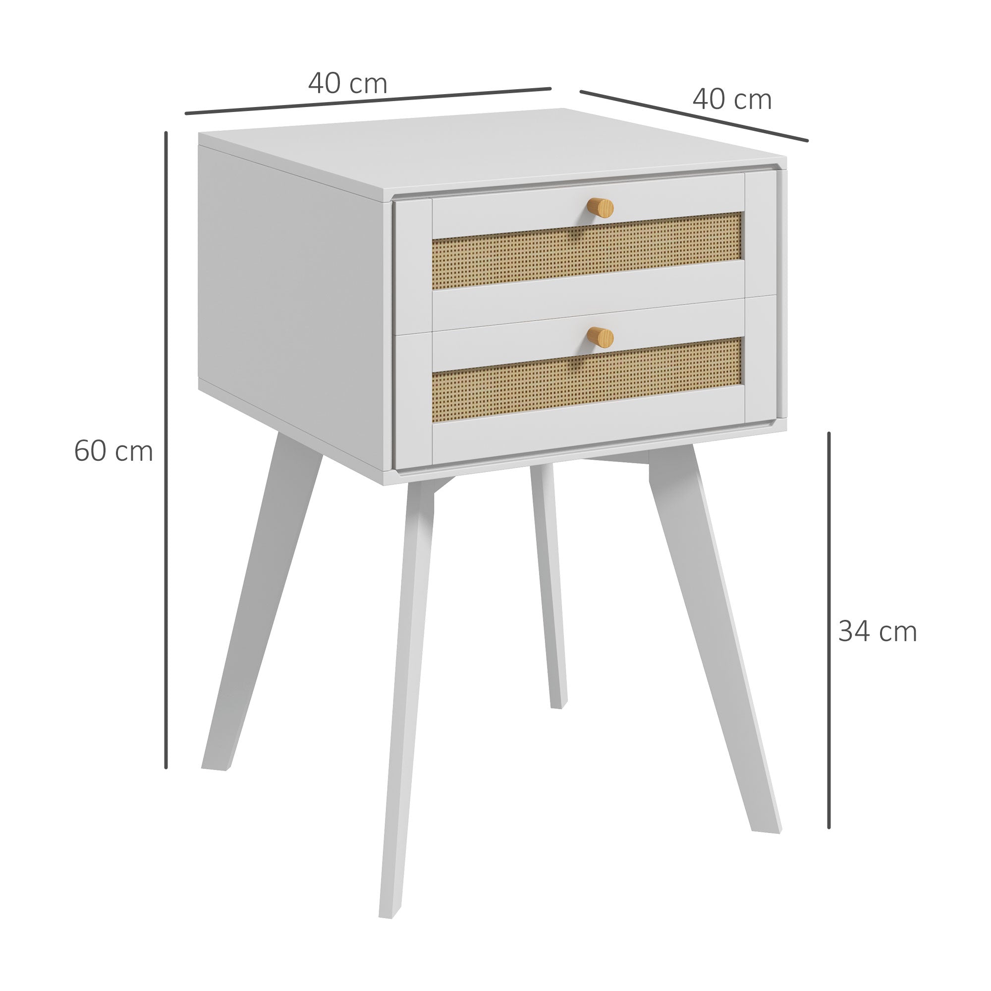 White Bedside Table Nightstand Caning Style with 2 Drawers and Rattan Element Small Side Table for Bedroom Living Room 40x40x60 cm