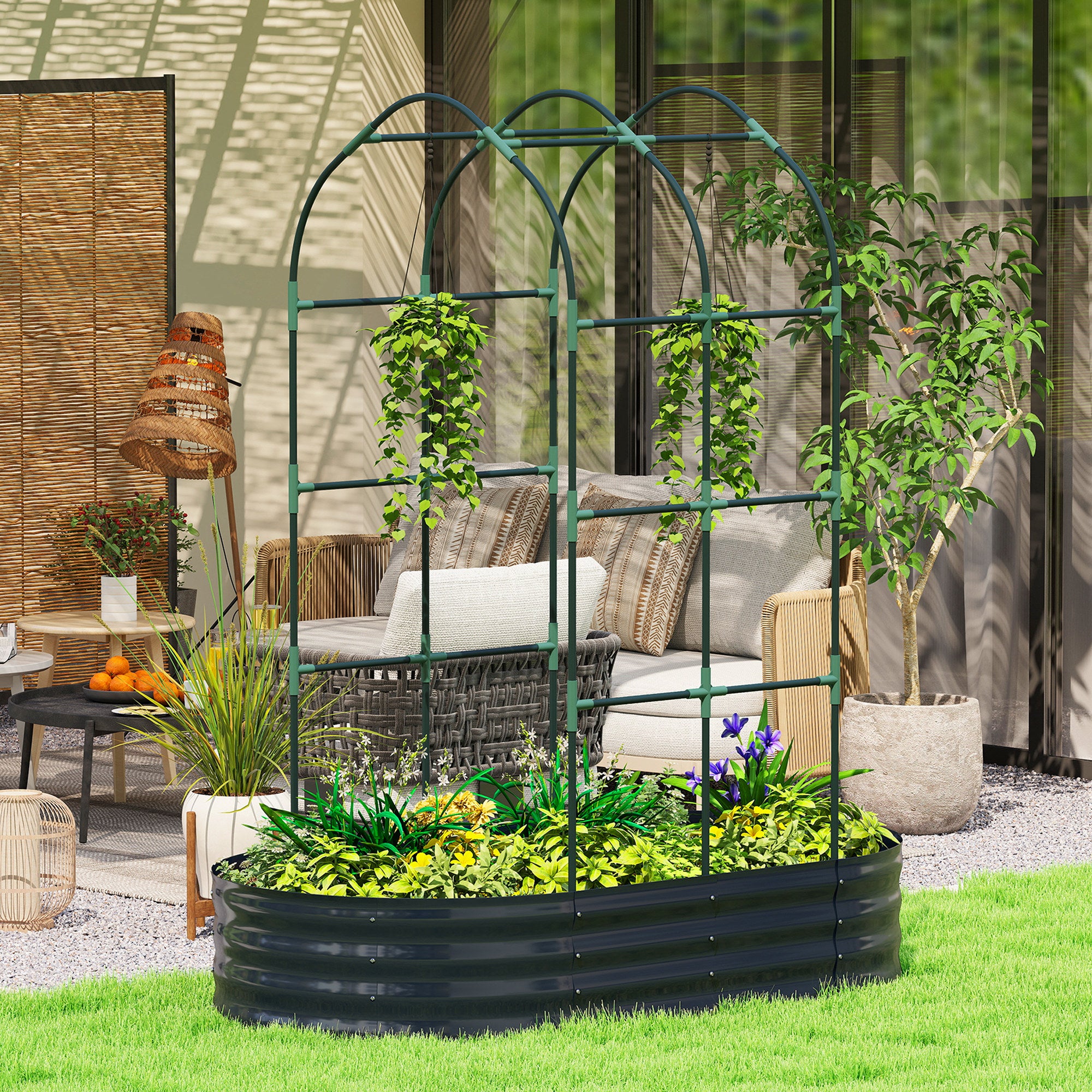 Raised Bed with Trellis, Metal Planter with Gloves — Garden Bed, Low Greenhouse, Herb Bed with Trellis for Climbing Vegetables & Flowers, 160 x 90 x 180 cm (63 x 35 x 71 in), Dark Gray