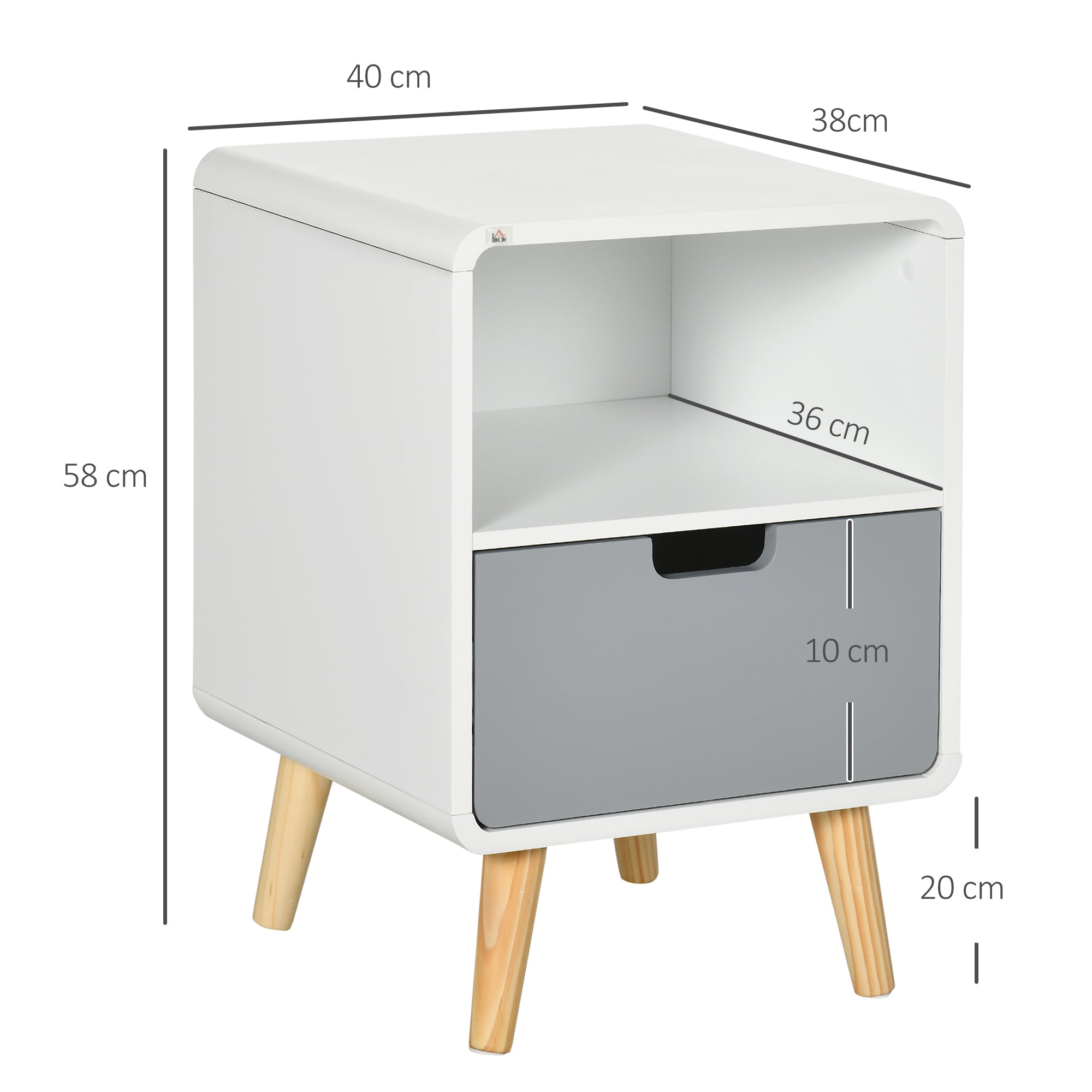 Scandinavian Bedside Table 40L x 38W x 58H cm Drawer + Niche in White Blue Gray Wood
