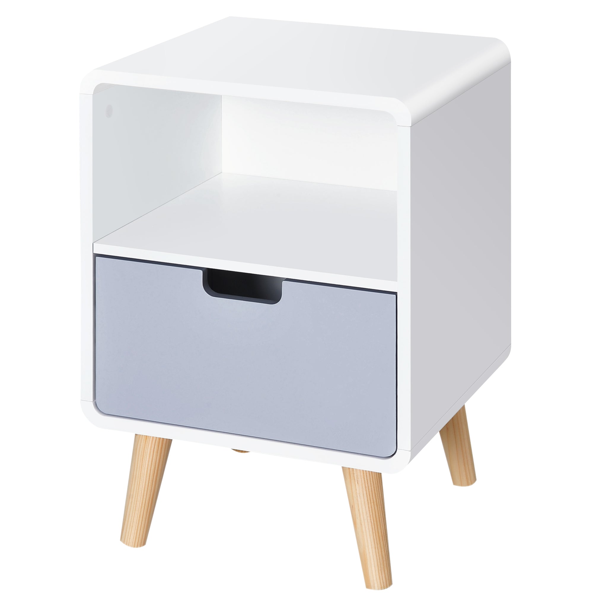 Scandinavian Bedside Table 40L x 38W x 58H cm Drawer + Niche in White Blue Gray Wood