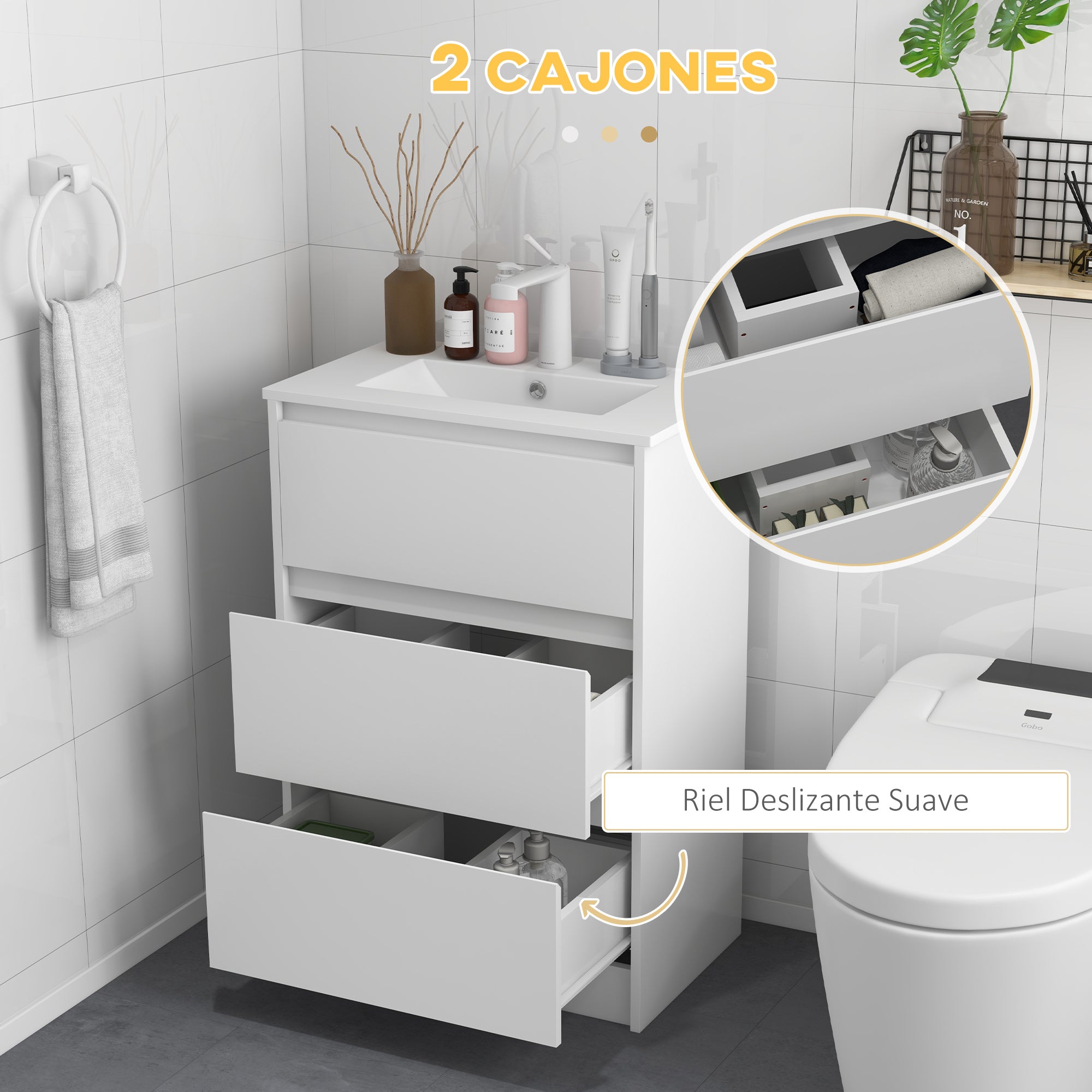 Bathroom Vanity Unit with Sink Under Sink Cabinet Synthetic Ceramic Hand Washbasin with 2 Drawers 61x37x88 cm Bright White
