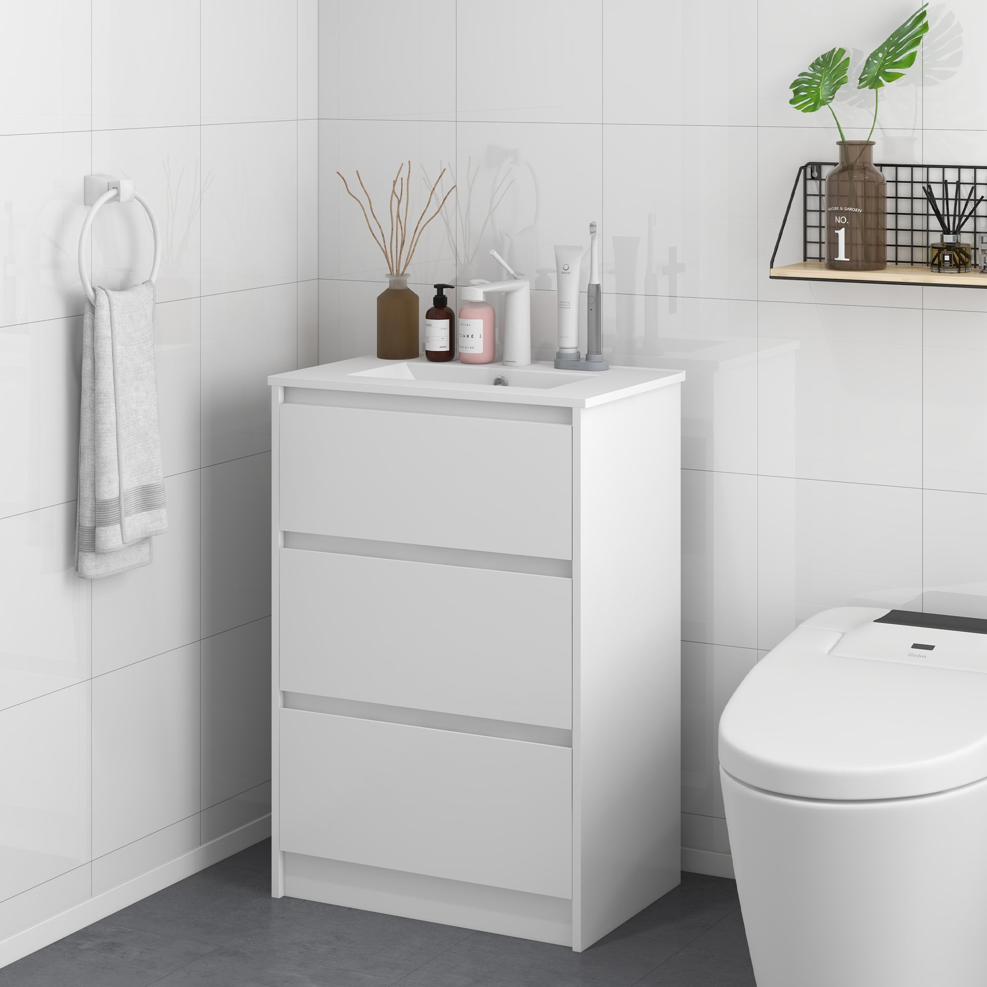 Bathroom Vanity Unit with Sink Under Sink Cabinet Synthetic Ceramic Hand Washbasin with 2 Drawers 61x37x88 cm Bright White
