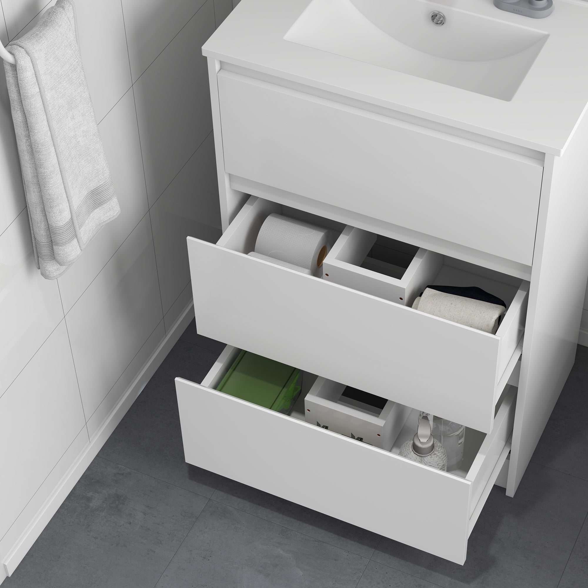 Bathroom Vanity Unit with Sink Under Sink Cabinet Synthetic Ceramic Hand Washbasin with 2 Drawers 61x37x88 cm Bright White