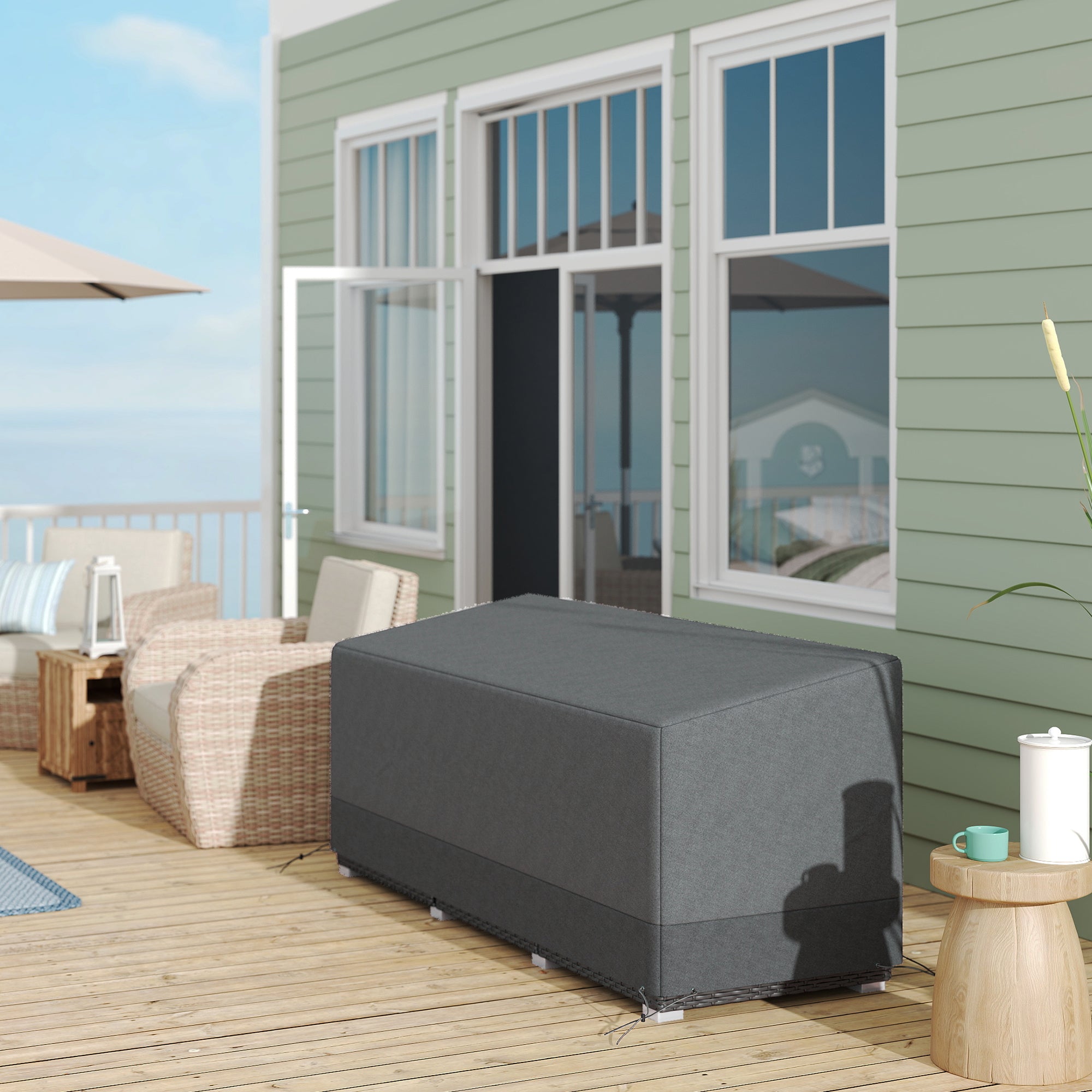 Waterproof Winter Patio Furniture Cover — Windproof, UV-Resistant 600D Oxford Tarp for Terrace Furniture, 75 x 28.3 x 24.8–29.9 in, Light Gray