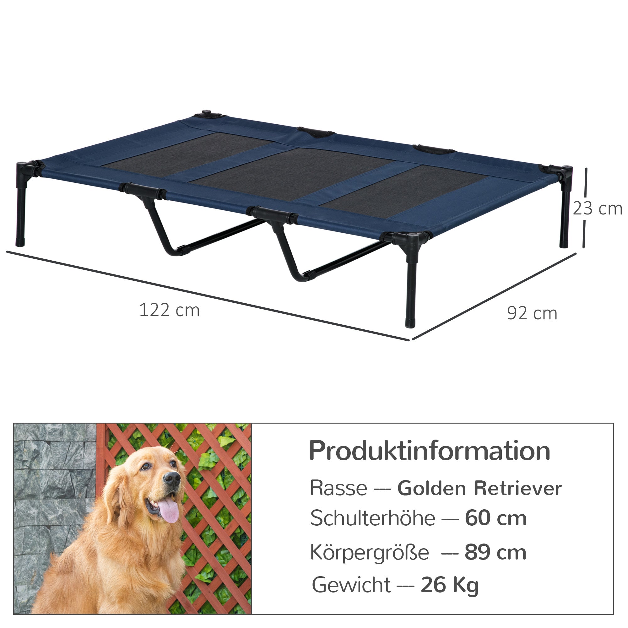 Dog Bed Outdoor Dog Cot Cat Bed Pet Bed Sleeping Place Metal Oxford Fabric Dark Blue 122 x 92 x 23 cm