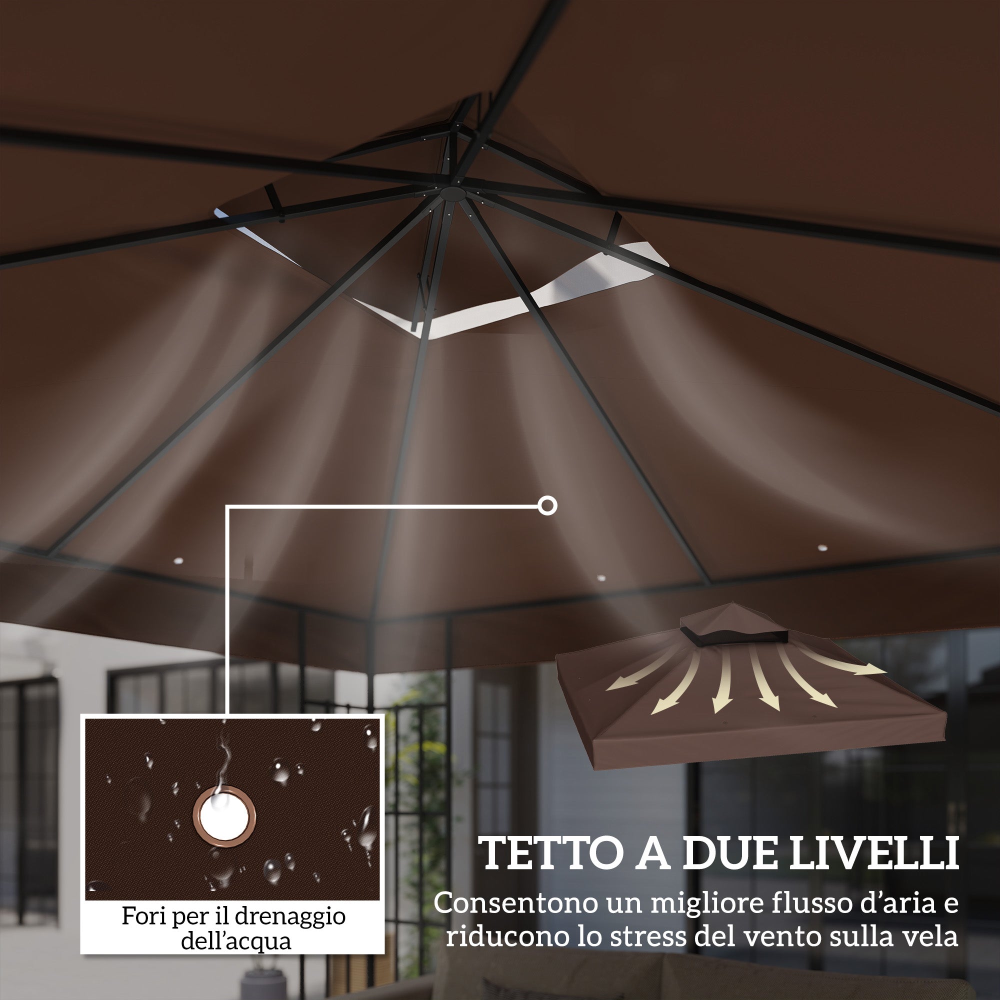 10 x 10 ft 2-Tier Replacement Gazebo Canopy – Oxford Fabric 370 g/m² (≈11 oz/yd²), UPF30+, Drainage Vents, Coffee