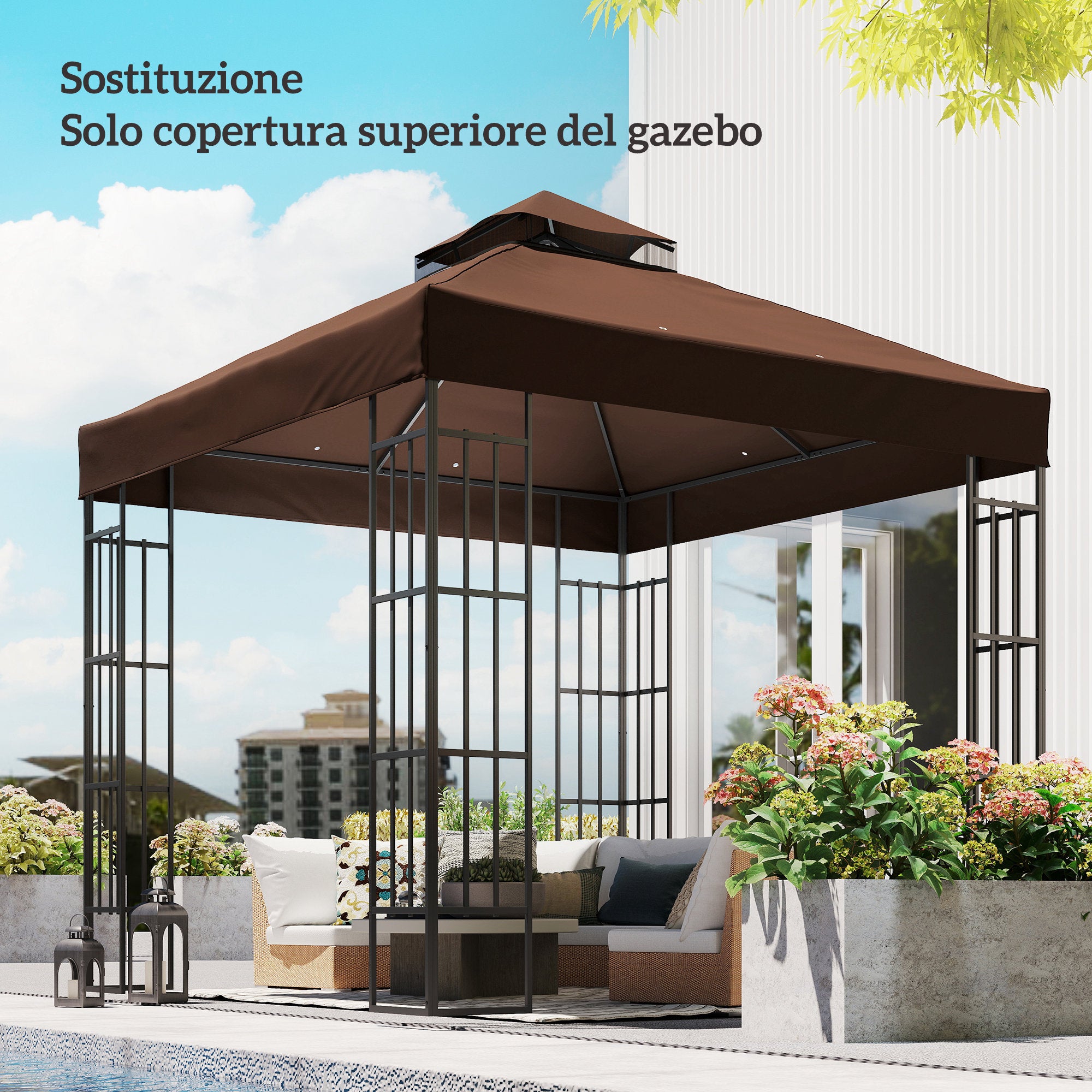 10 x 10 ft 2-Tier Replacement Gazebo Canopy – Oxford Fabric 370 g/m² (≈11 oz/yd²), UPF30+, Drainage Vents, Coffee