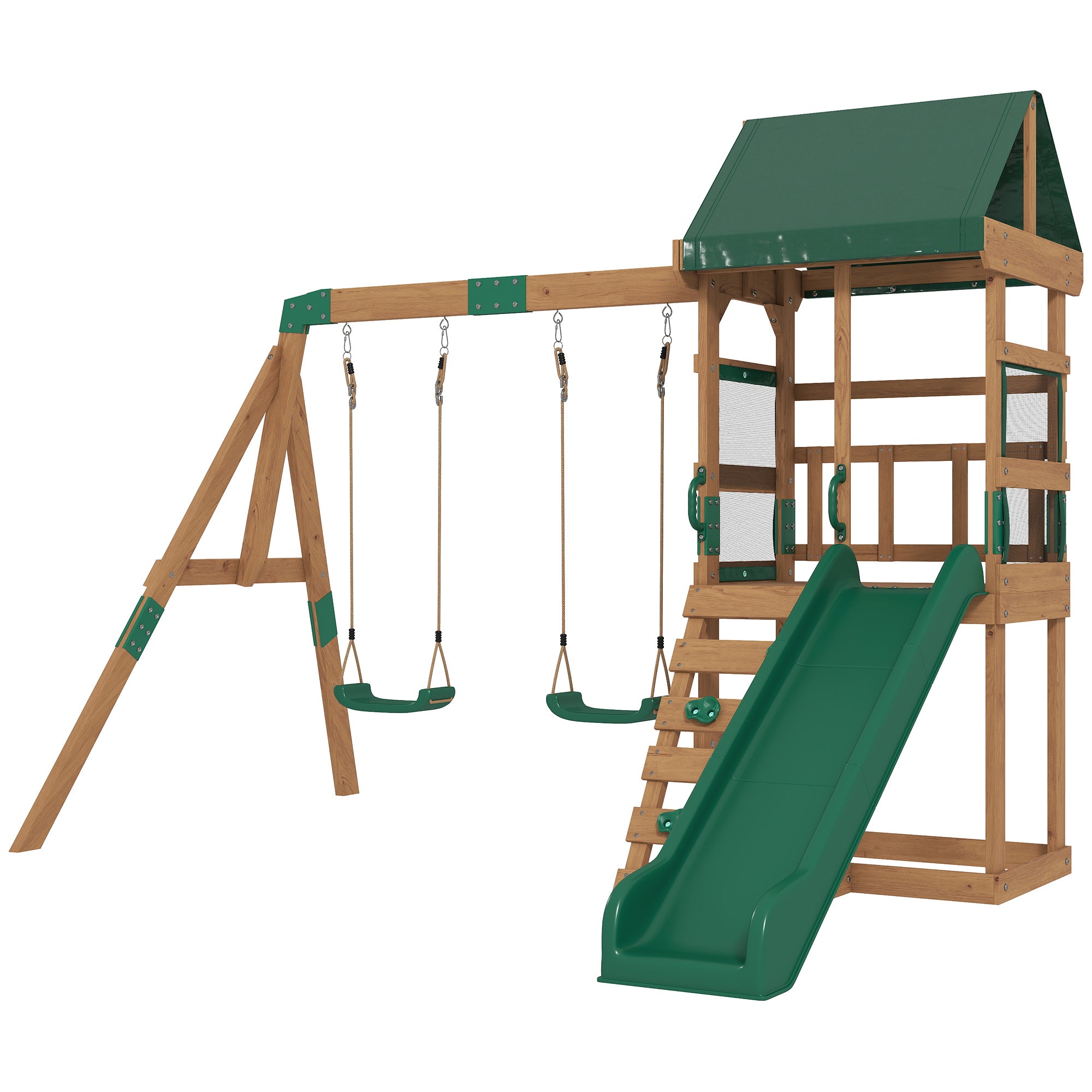Spielturm Klettergerüst Schaukelgestell mit 194,5cm Rutsche, 2 Schaukeln, Kletterwand, überdachtem Oberdeck Outdoor Kinder Kletterturm aus Holz Spielhaus für 3-8 Jahre Kinder 315x284x233 cm