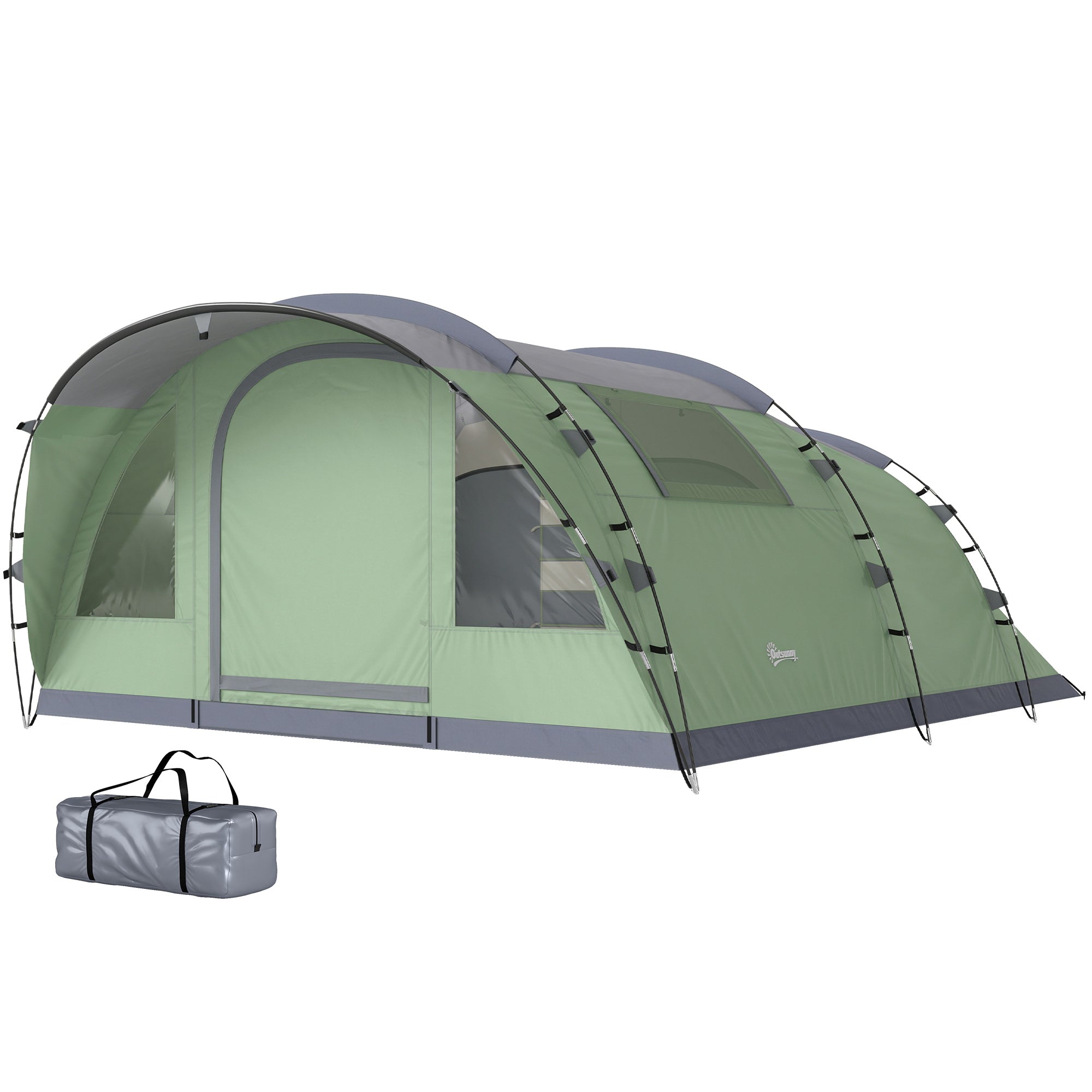 2–4 Person Tunnel Family Tent — 196 cm (6'5") High, 2 Bedrooms, 3000 mm Waterproof, Front Porch & 4 Windows — Light Green