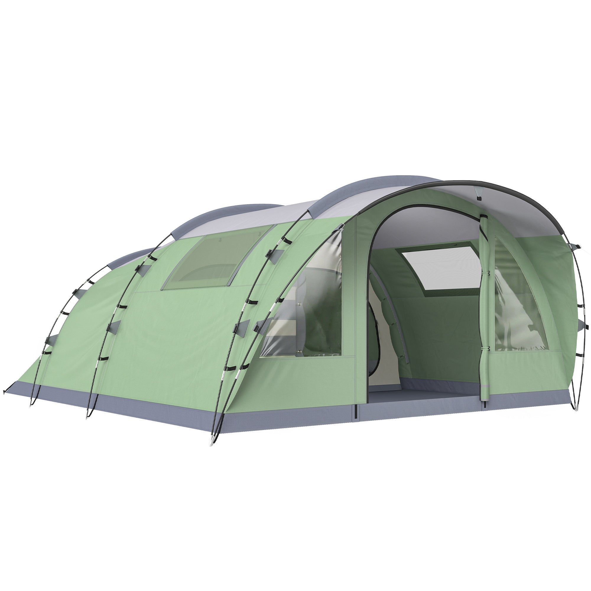 2–4 Person Tunnel Family Tent — 196 cm (6'5") High, 2 Bedrooms, 3000 mm Waterproof, Front Porch & 4 Windows — Light Green
