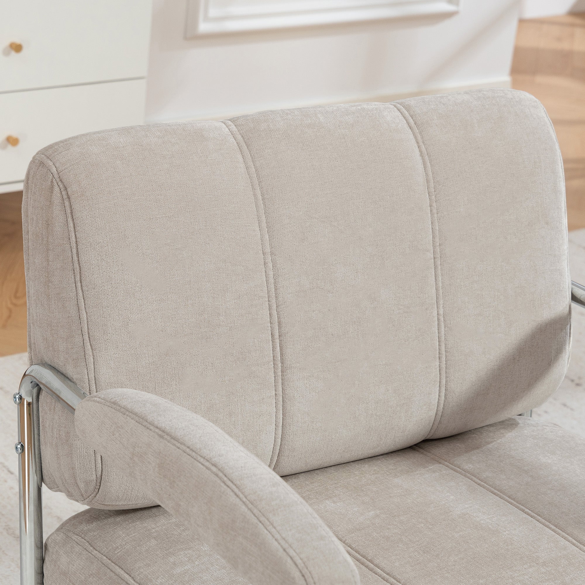 Living Room Armchair with Thick Padding, Wide Seat, Double Stitching — Soft Chenille, Easy Assembly, Steel Frame — Beige