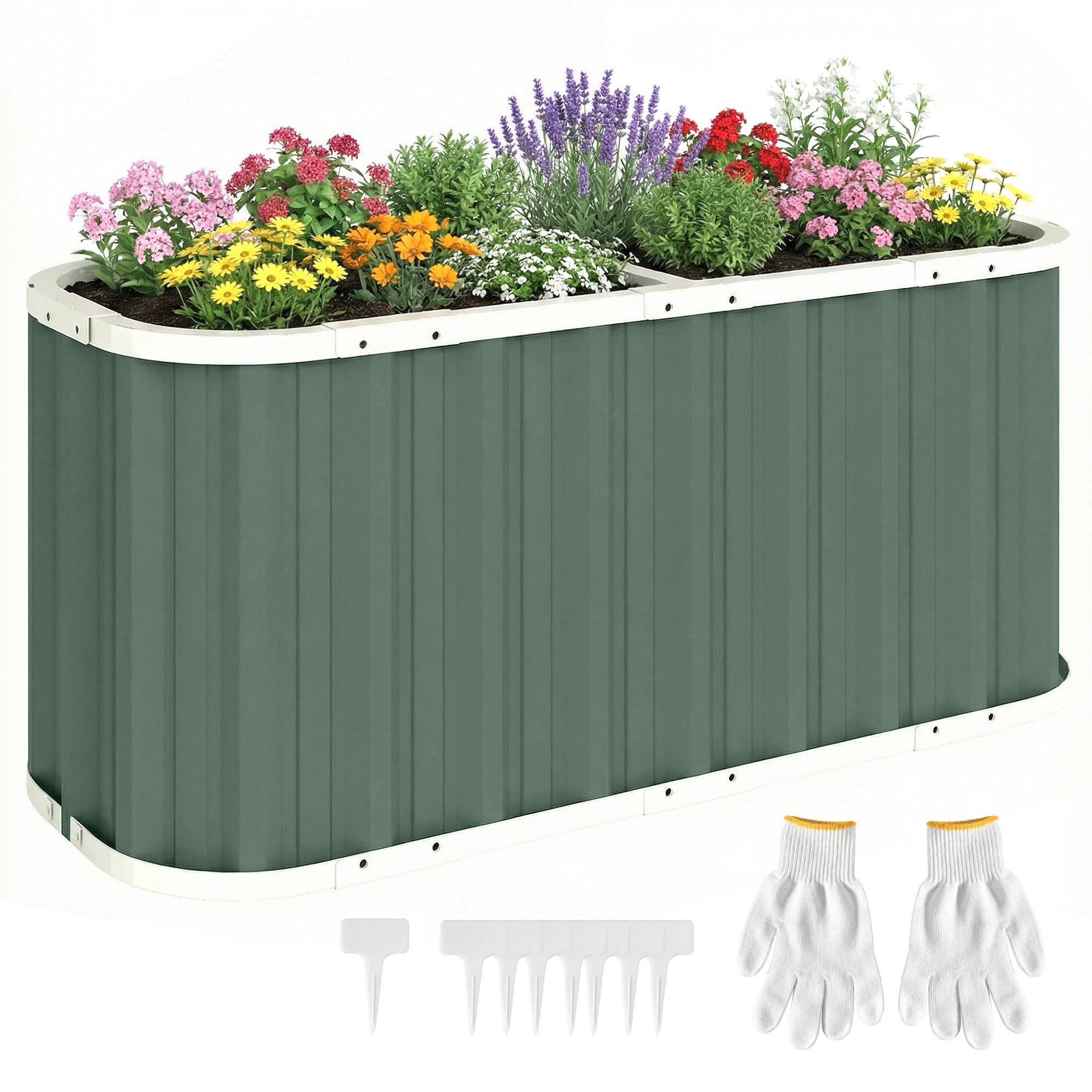 Galvanized Raised Metal Garden Bed, 136 x 53 x 61 cm (53.5" x 20.9" x 24") — Deep Planter with Protective Edges, Plant Labels & Gloves, Open-Bottom Herb Tray, Easy Assembly for Garden & Balcony