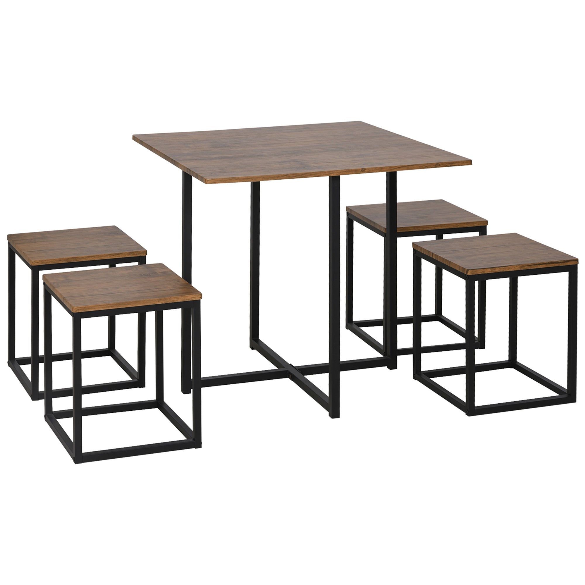 5-Piece Dining Table Set with 4 Industrial Style Stools for Kitchen, Space-Saving Furniture Set for Home or Restaurant in Wood and Metal, Black and Walnut