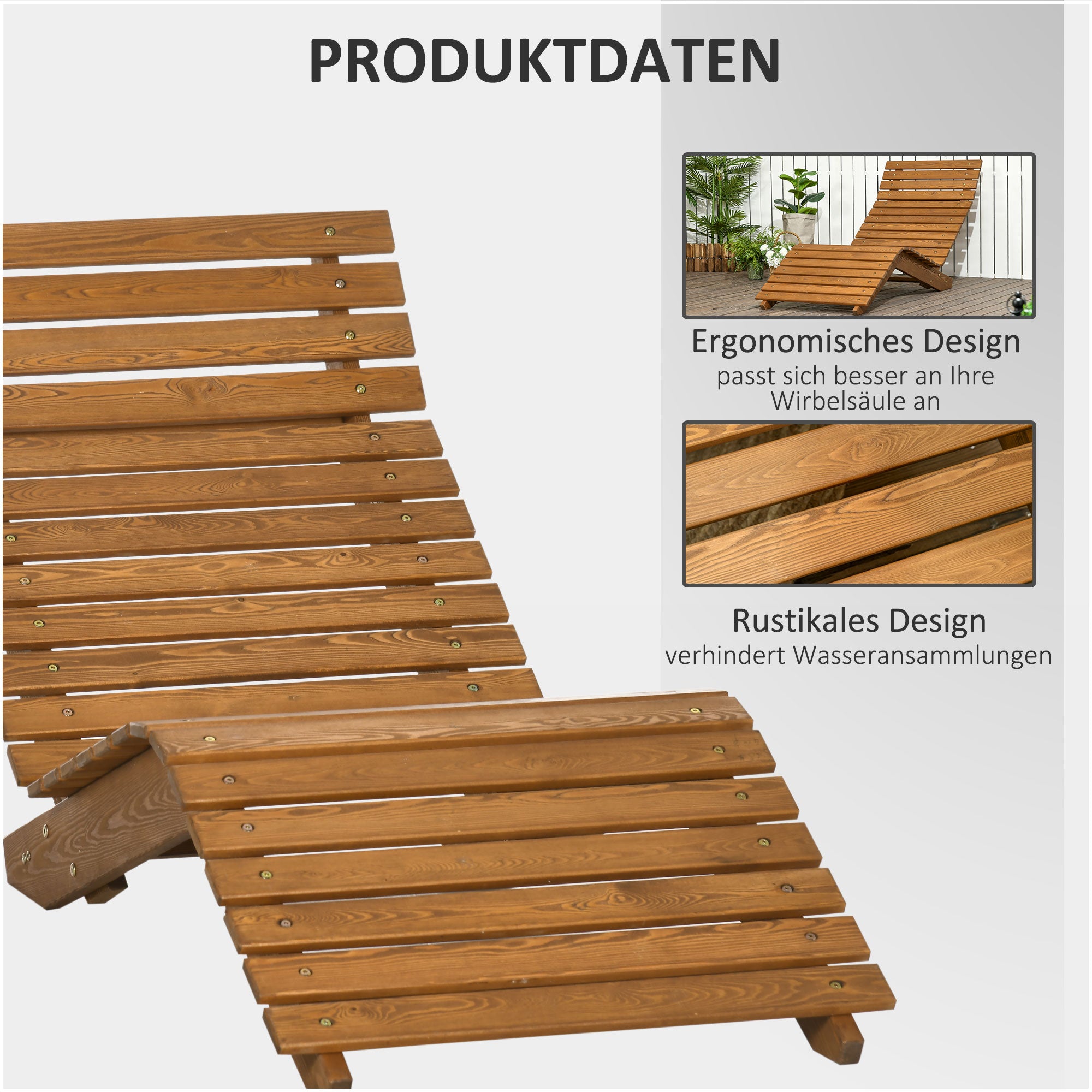 Sun Lounger, Recliner, Garden Lounger, Relaxing Chair for Pool Area, Balcony, Supports up to 120 kg, Solid Wood, Teak, 66 x 170 x 77 cm