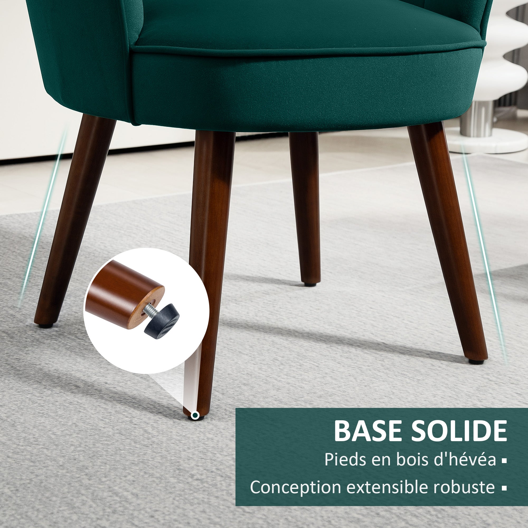 Shell Armchair Living Room Bedroom with Backrest and Velvet Cushion Hevea Wood Legs 66L x 66W x 78.5H cm, Green