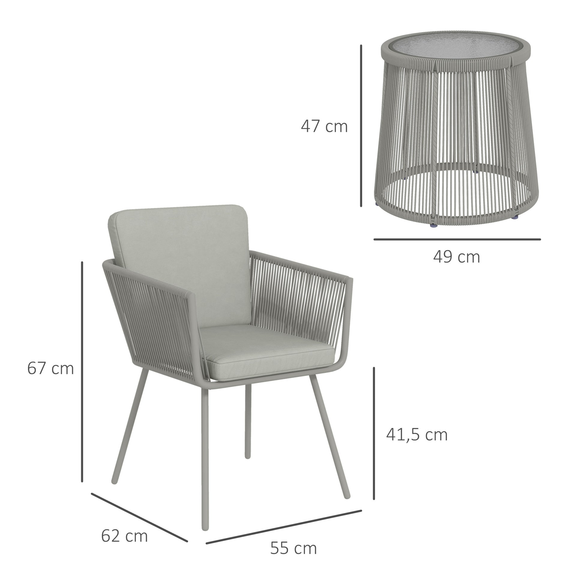 Colonial Style 3-Piece Garden Lounge Set 2 Armchairs with Gray Cushions + Gray Epoxy Steel Wicker Coffee Table