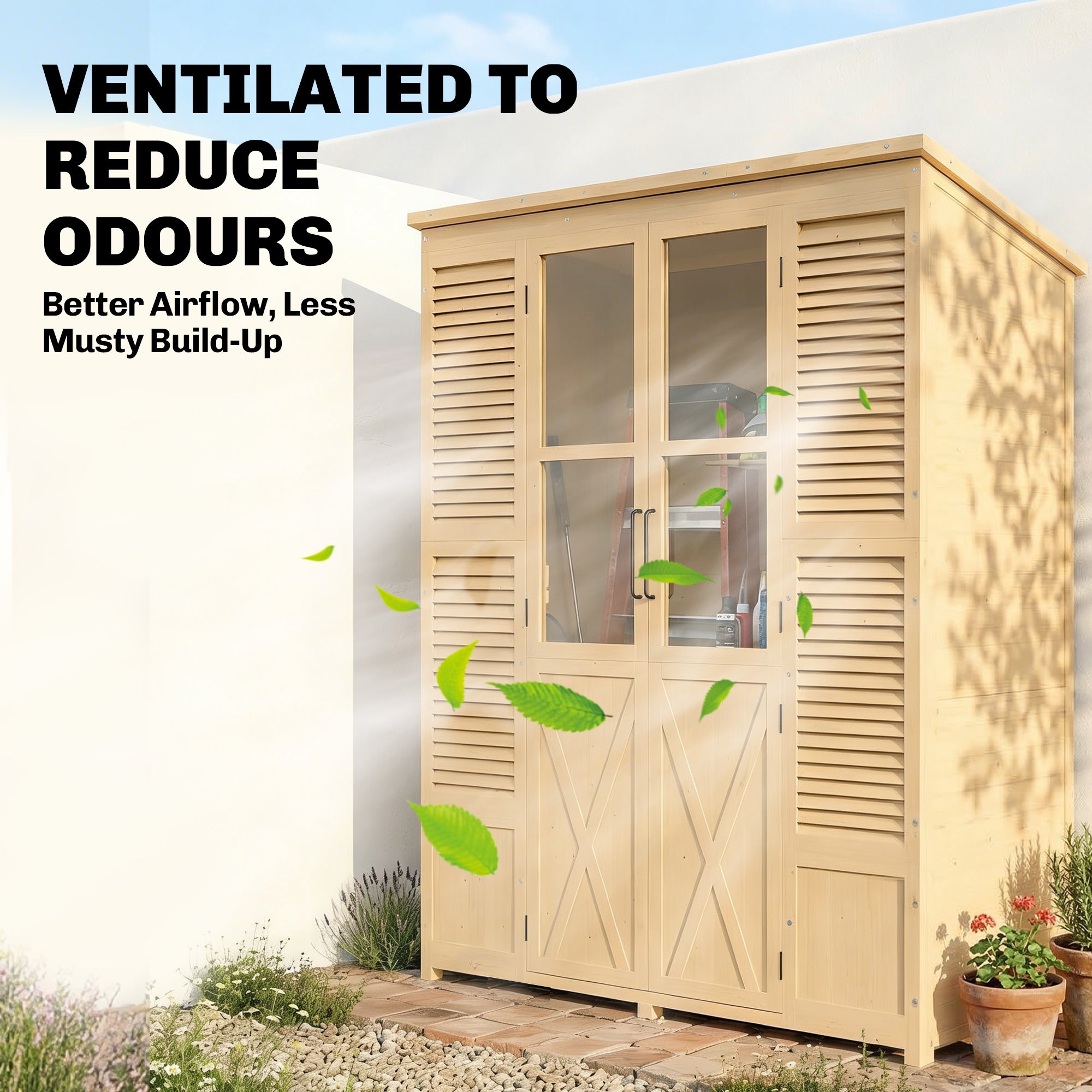 Walk-In Fir Wood Garden Shed with Asphalt Sloped Roof, 4 Windows, 6 Shelves, Ventilation & Anti-Tip Kit — 57.9 x 26.8 x 78.0 in (147 x 68 x 198 cm), Natural Wood
