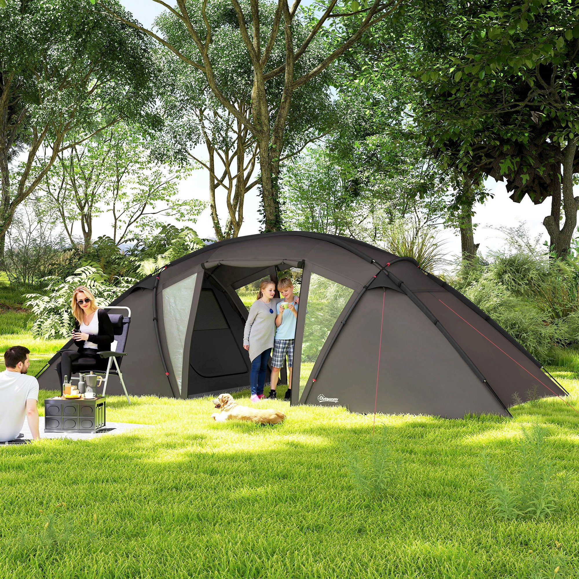 Family Camping Tent for 4-6 People, 3000mm Waterproof Tunnel Tent with 2 Doors, Windows, Carry Bag, Groundsheet for Camping Travel Hiking Garden, Black