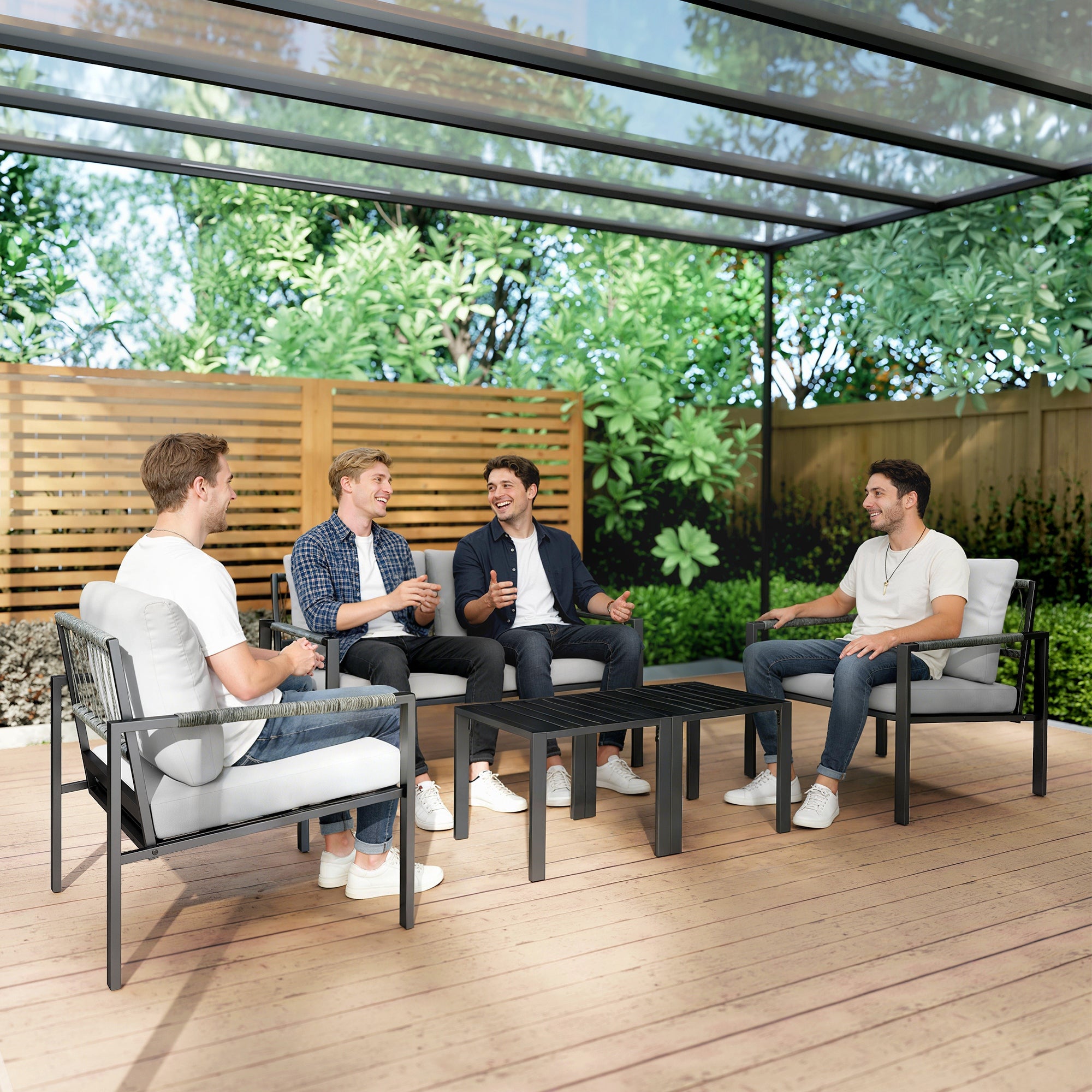 5-Piece Weather-Resistant Patio Set for 4 — 2-Seater Sofa, 2 Armchairs with Cushions, 2 Side Tables, Light Gray