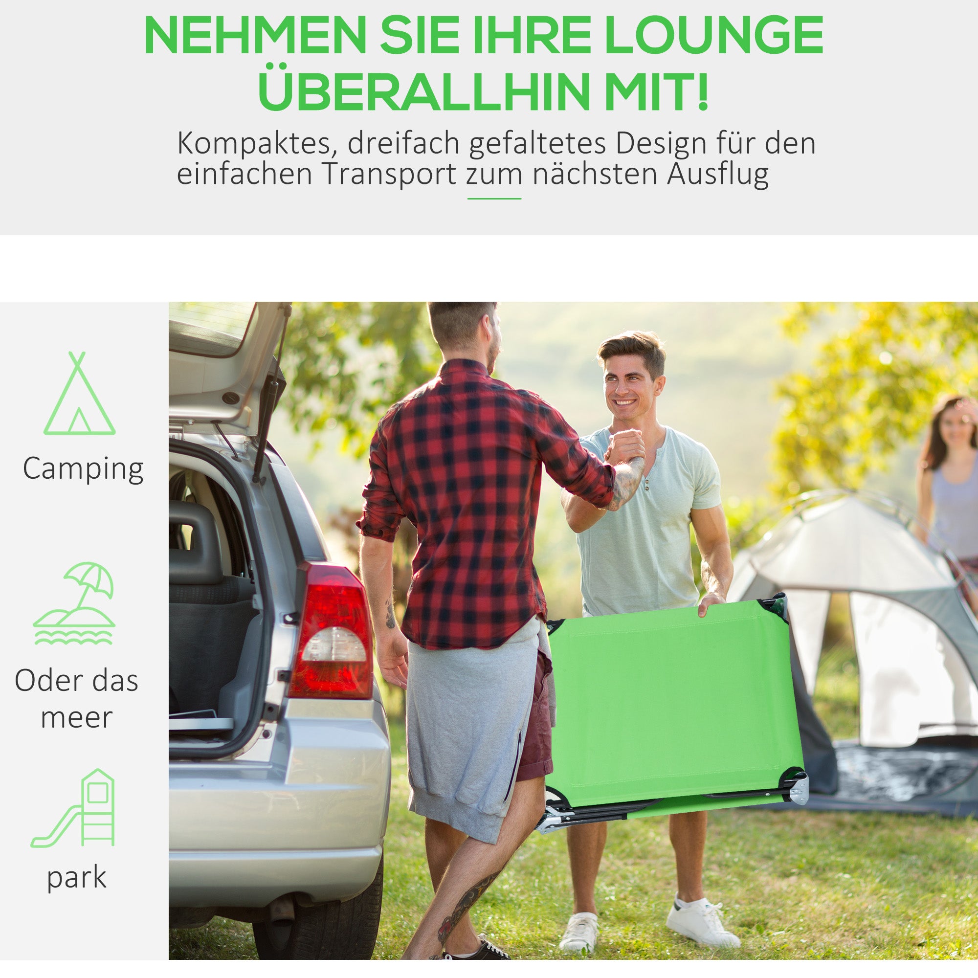 Folding Sun Lounger Garden Lounger with Face Hole, Headrest, Lounger with 4-Position Adjustable Backrest, Weather-Resistant Camping Lounger up to 120 kg load-bearing capacity, for Garden Beach Pool, Green