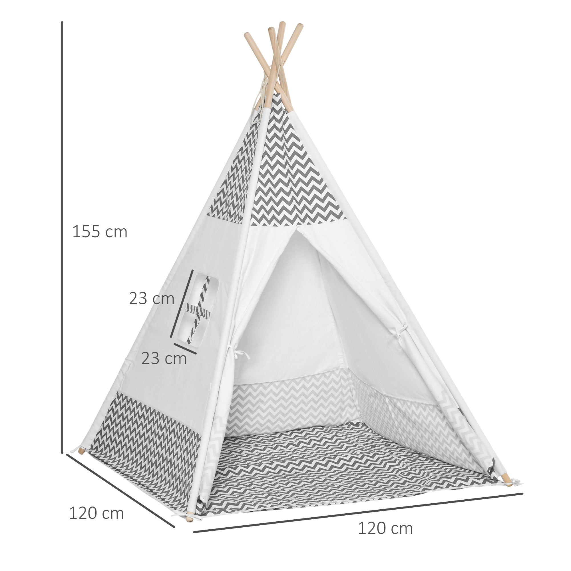 Children's Teepee Tent for +3 Years Old Wooden Kids Tipi with Window Mat and Carrying Bag for Indoors and Outdoors 120x120x155 cm Gray