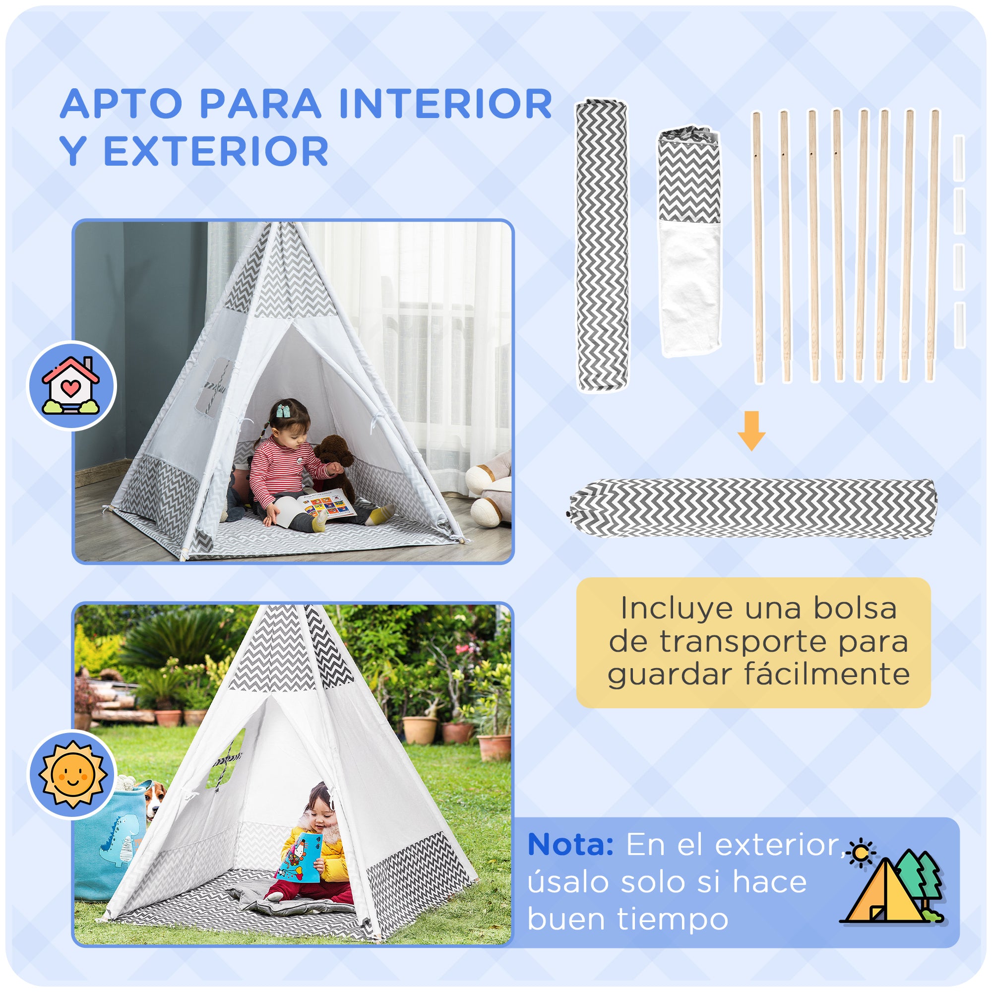 Children's Teepee Tent for +3 Years Old Wooden Kids Tipi with Window Mat and Carrying Bag for Indoors and Outdoors 120x120x155 cm Gray