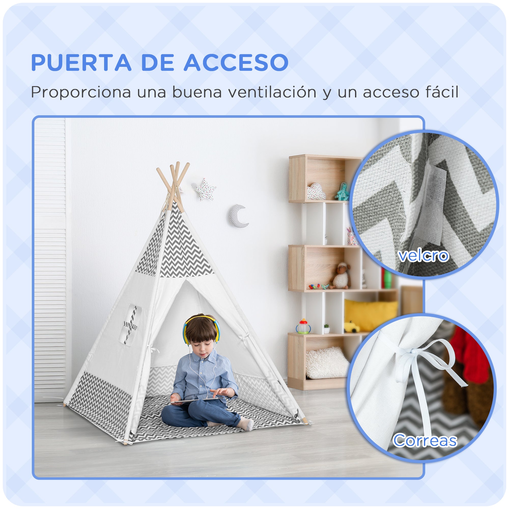 Children's Teepee Tent for +3 Years Old Wooden Kids Tipi with Window Mat and Carrying Bag for Indoors and Outdoors 120x120x155 cm Gray