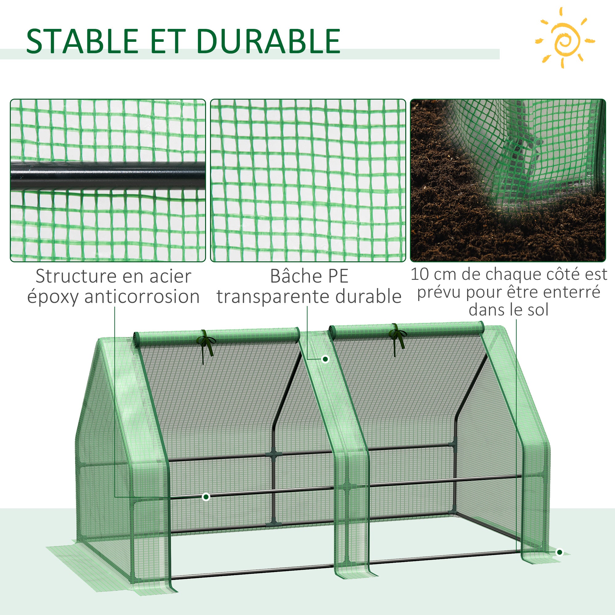 Mini Garden Greenhouse Mini Tunnel Greenhouse 180L x 90W x 90H cm Pointed Roof Steel High Density 140 g/m² Anti-UV 2 Roll-Up Windows with Zip Green