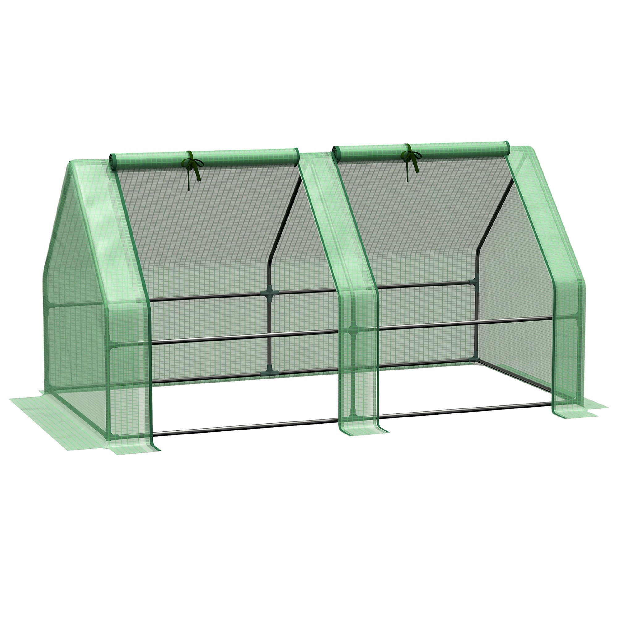 Mini Garden Greenhouse Mini Tunnel Greenhouse 180L x 90W x 90H cm Pointed Roof Steel High Density 140 g/m² Anti-UV 2 Roll-Up Windows with Zip Green