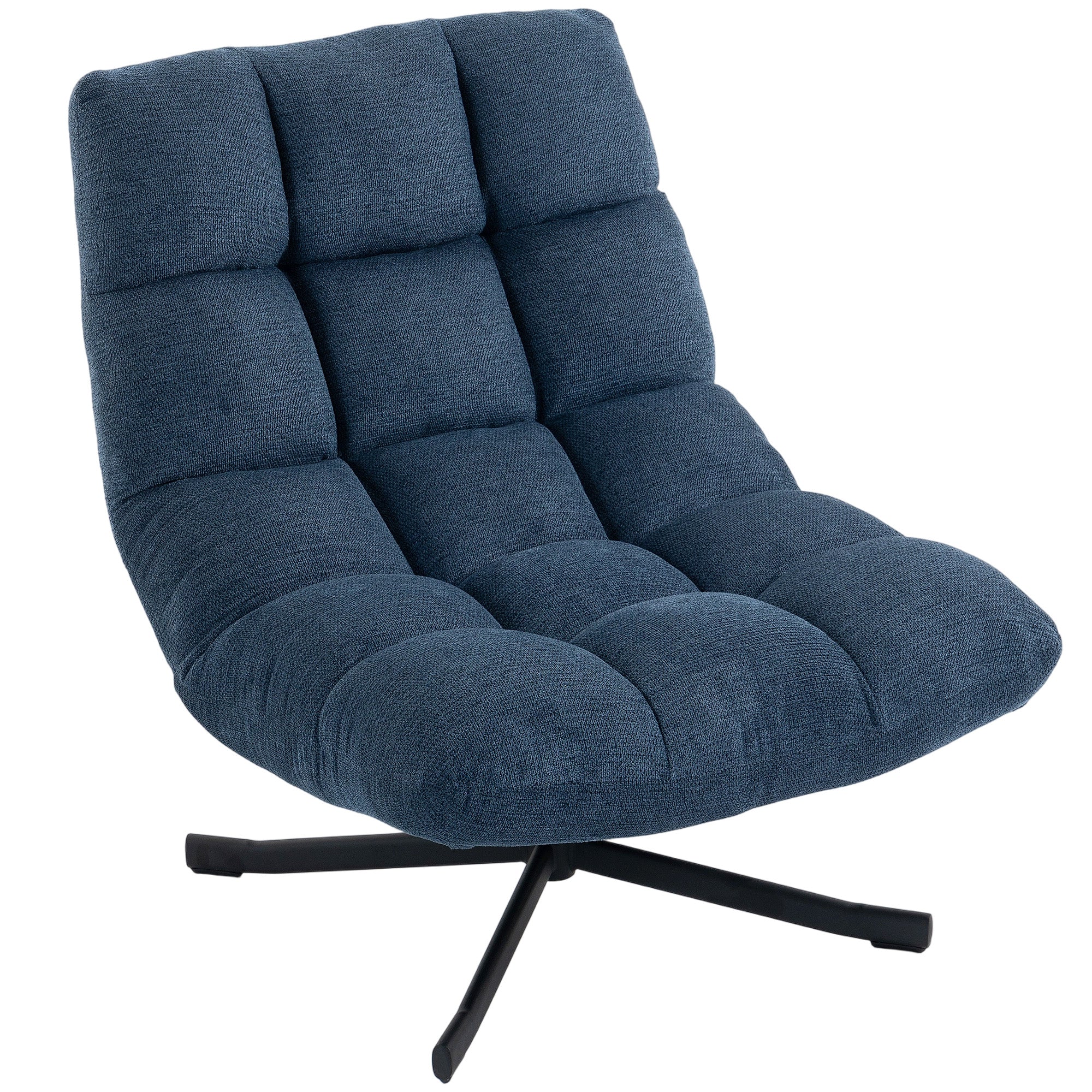 Armless Swivel Lounge Chair — Wide Chenille Seat, Steel Base, Dark Blue