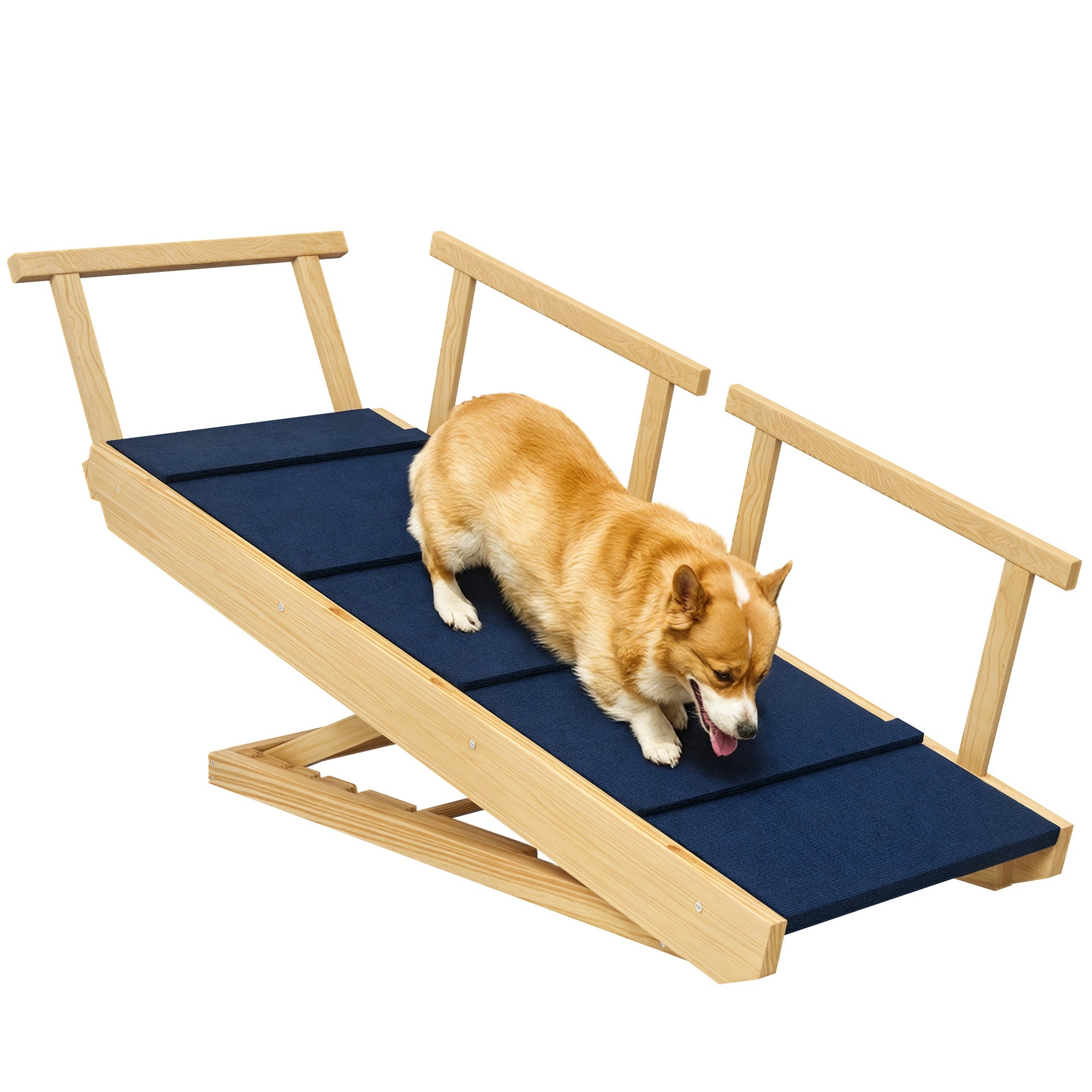 Dog Ramp Foldable Pet Ramp with Removable Railings, Non-Slip Dog Step Aid for Pets up to 40 kg, 85 x 40 x 78.5 cm, Natural