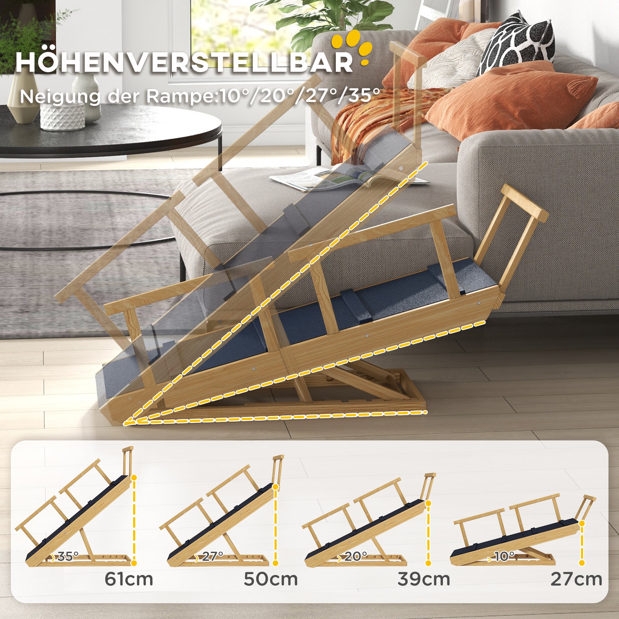 Dog Ramp Foldable Pet Ramp with Removable Railings, Non-Slip Dog Step Aid for Pets up to 40 kg, 85 x 40 x 78.5 cm, Natural