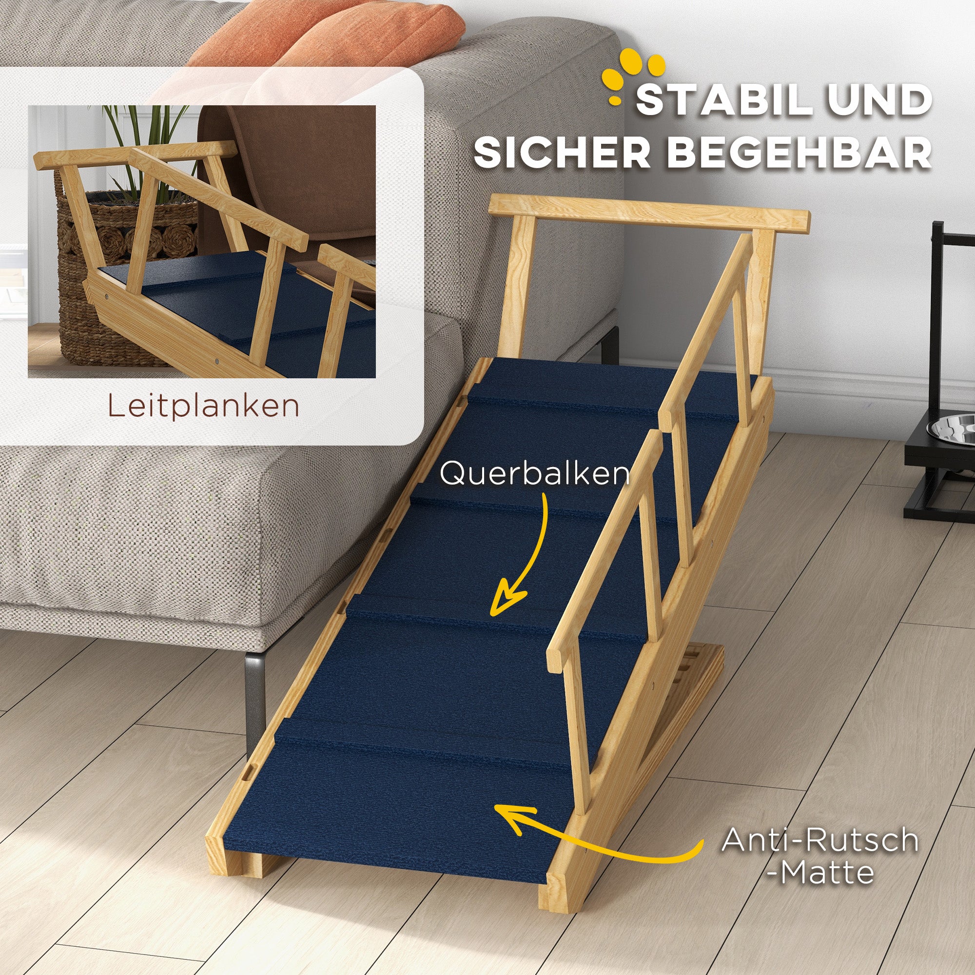 Dog Ramp Foldable Pet Ramp with Removable Railings, Non-Slip Dog Step Aid for Pets up to 40 kg, 85 x 40 x 78.5 cm, Natural
