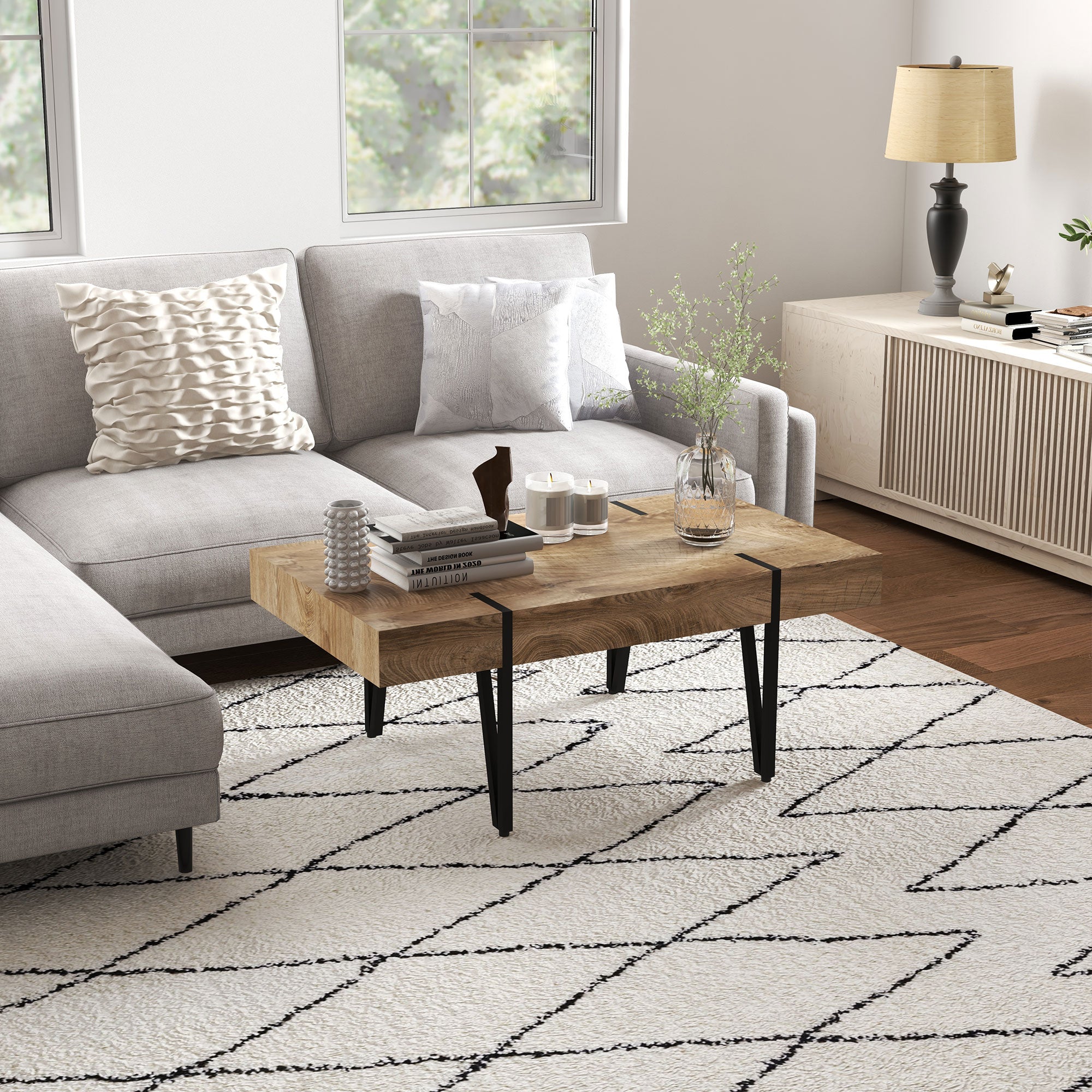 Rectangular Coffee Table Industrial Style Black Metal Hairpin Legs Old Beam Wood Look Tabletop