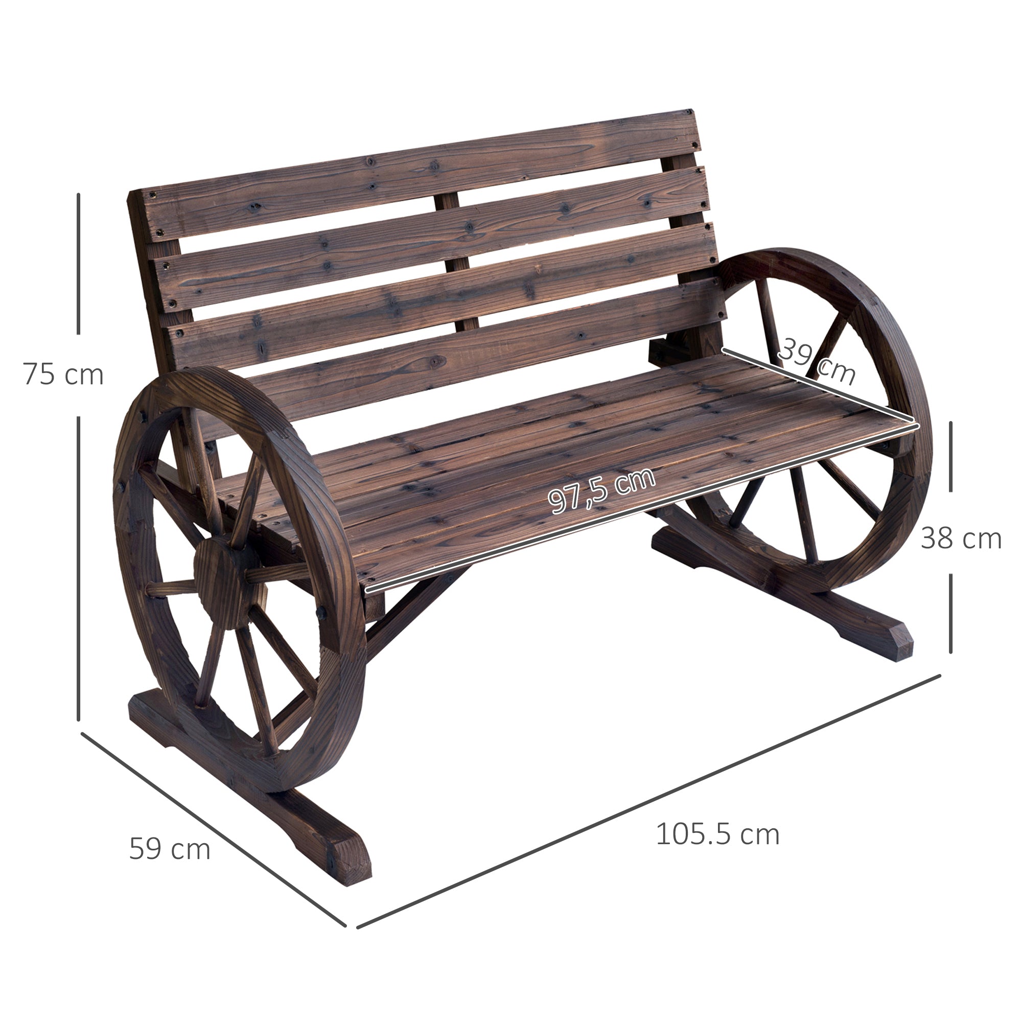 Outdoor Wooden Bench with Cartwheel Shaped Armrests Aged Look Garden Balcony Terrace 105.5x59x75 cm Rustic Brown