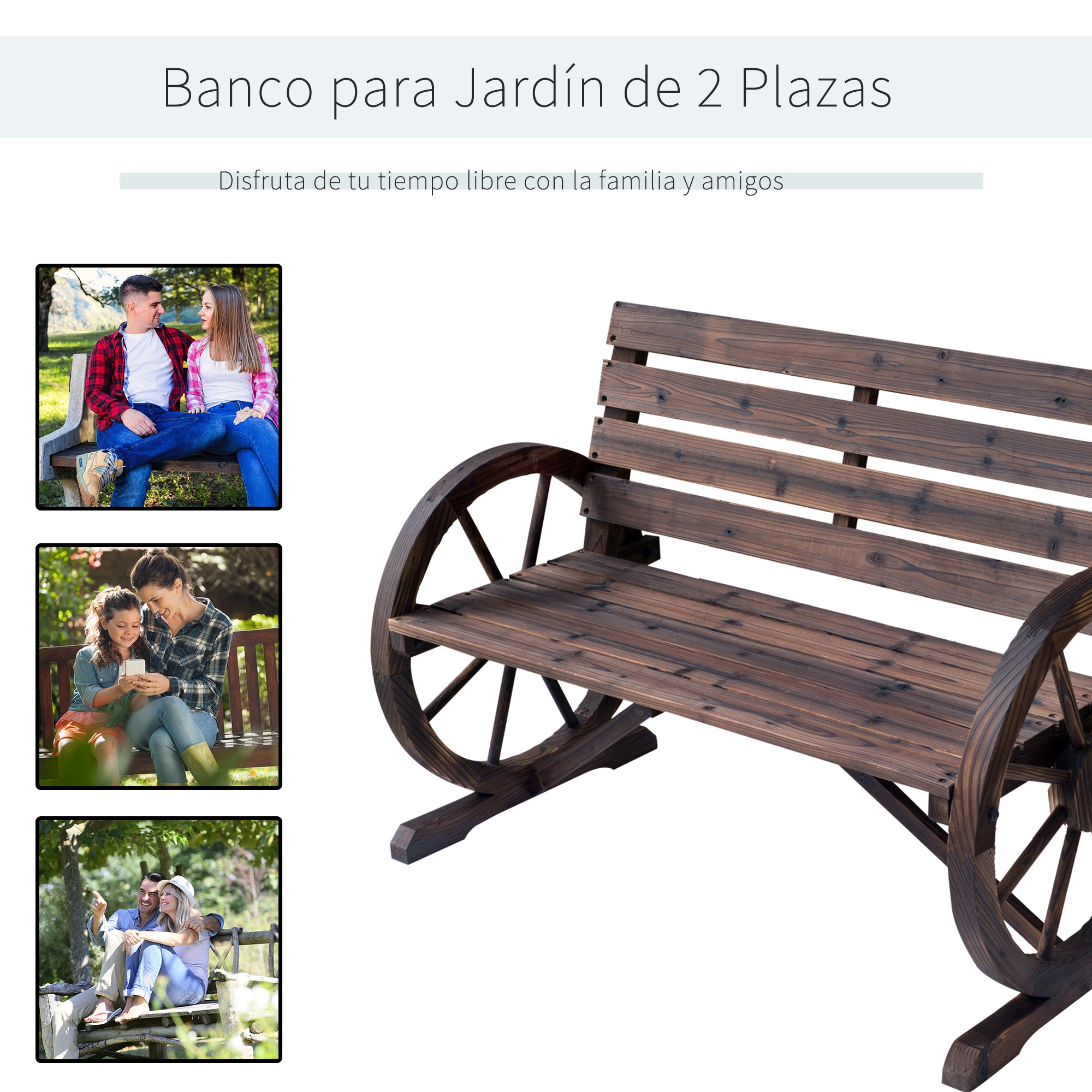 Outdoor Wooden Bench with Cartwheel Shaped Armrests Aged Look Garden Balcony Terrace 105.5x59x75 cm Rustic Brown